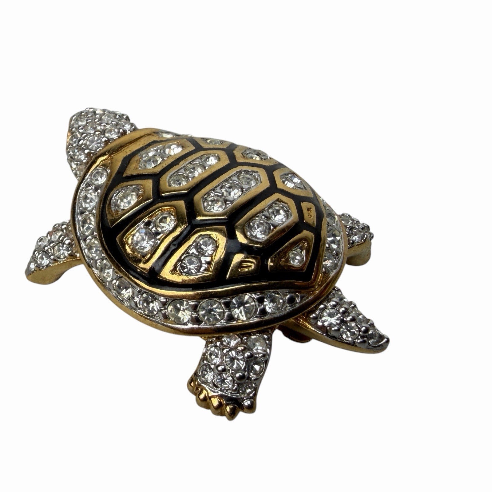 2 Swarovski Crystal Black & Gold TURTLE Tortoise Pin Brooches VINTAGE Enamel