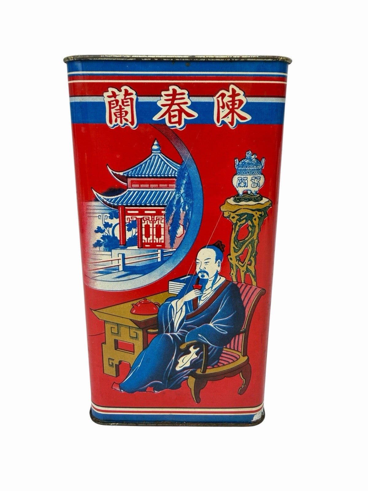 Vintage 1950’s Chan Chun Lan Tea TIN Hong Kong Macau Red Art Chinese Advertising