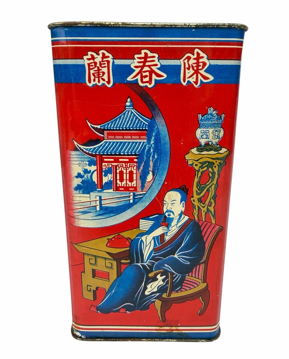 Vintage 1950’s Chan Chun Lan Tea TIN Hong Kong Macau Red Art Chinese Advertising
