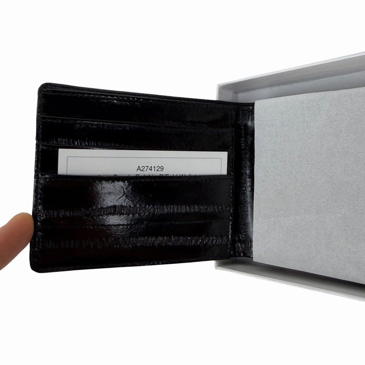 LEE SANDS Black EEL SKIN LEATHER Bifold Wallet RFID Window Flap NEW IN BOX