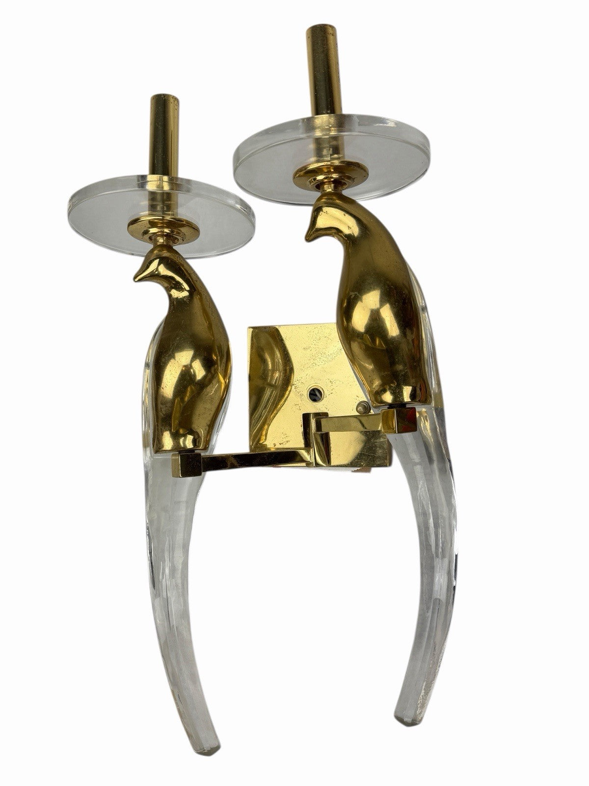Vintage NULCO Birds Of Paradise SCONCE Double CRYSTAL & BRASS w/ Shades