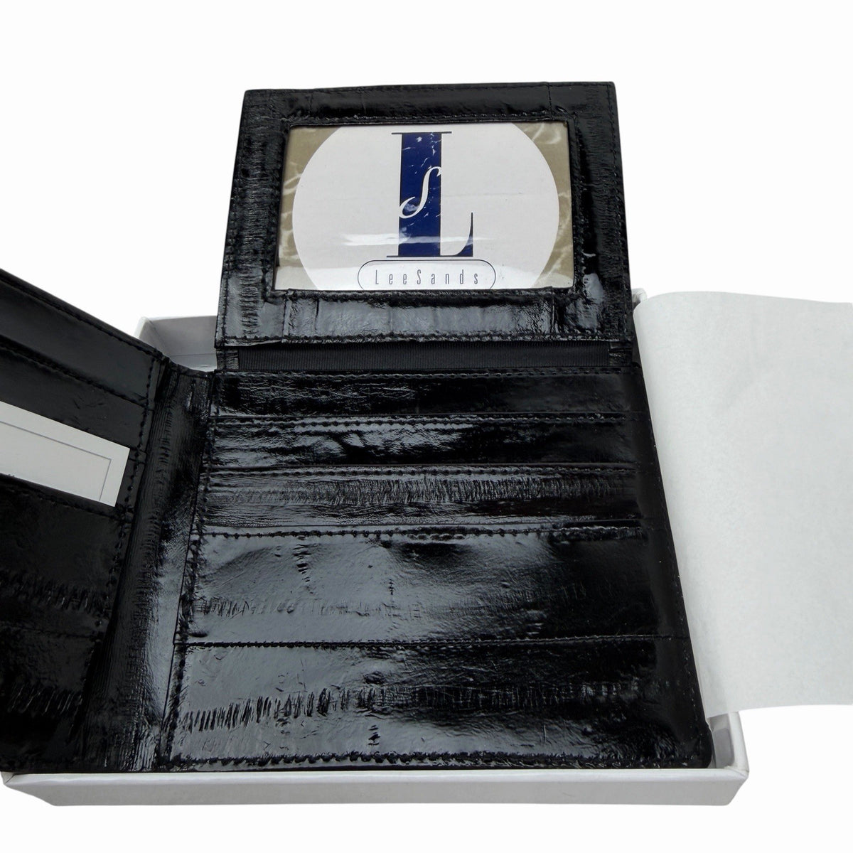 LEE SANDS Black EEL SKIN LEATHER Bifold Wallet RFID Window Flap NEW IN BOX