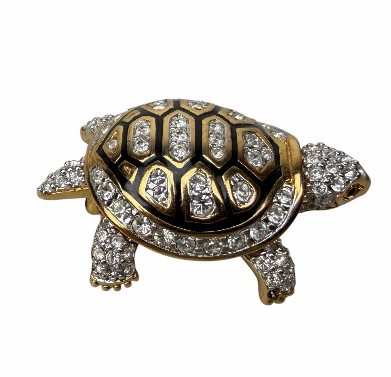 2 Swarovski Crystal Black & Gold TURTLE Tortoise Pin Brooches VINTAGE Enamel