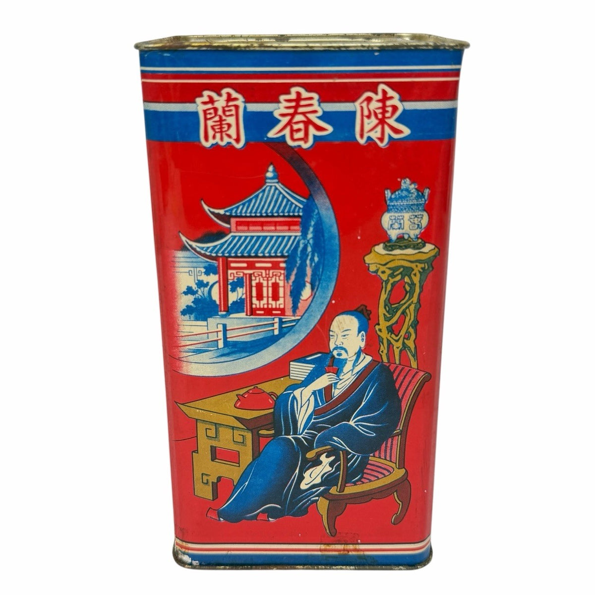 Vintage 1950’s Chan Chun Lan Tea TIN Hong Kong Macau Red Art Chinese Advertising