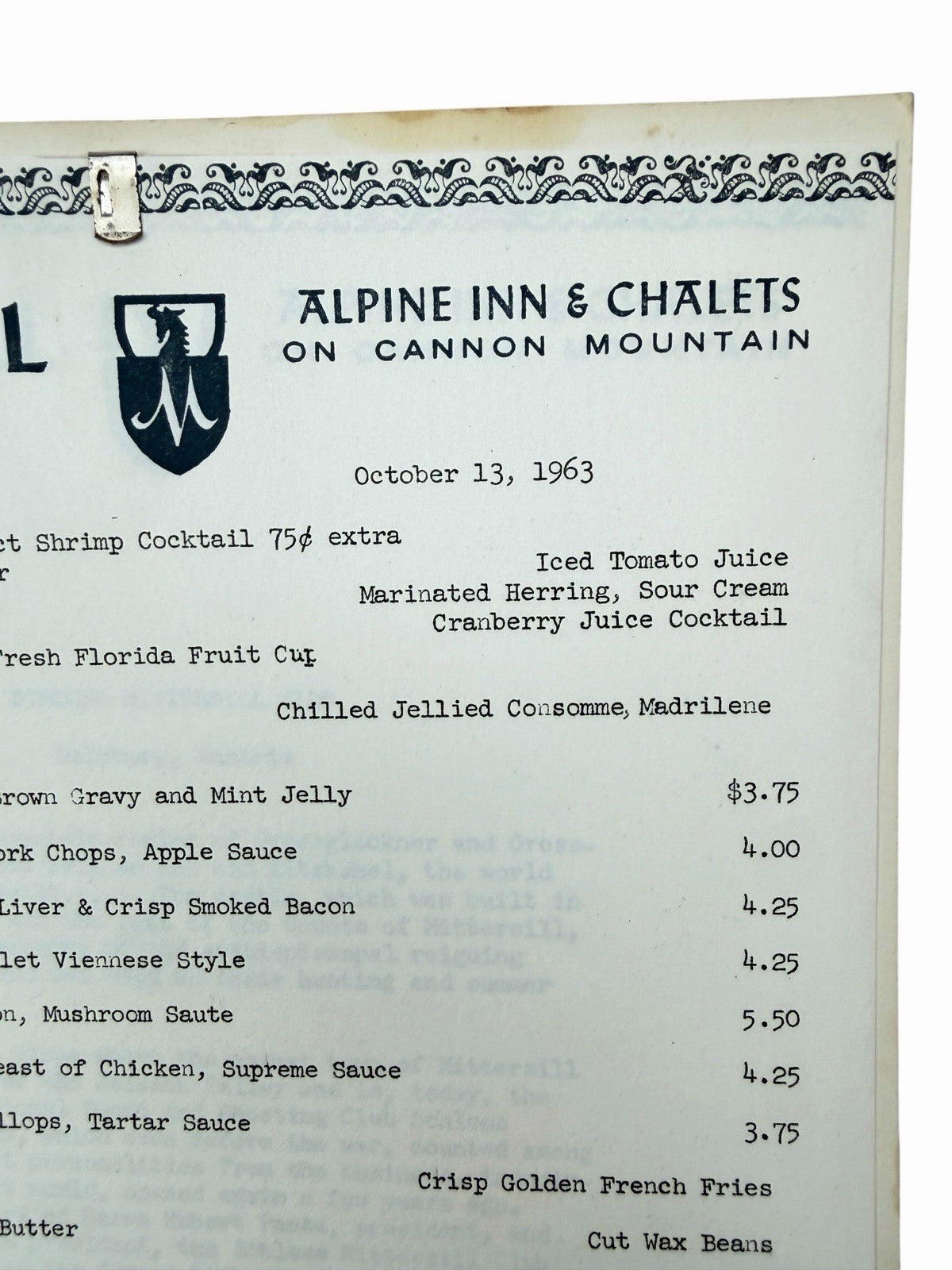 Vintage 1963 MITTERSILL Alpine Inn DINNER & WINE MENU Franconia Notch NH Austria