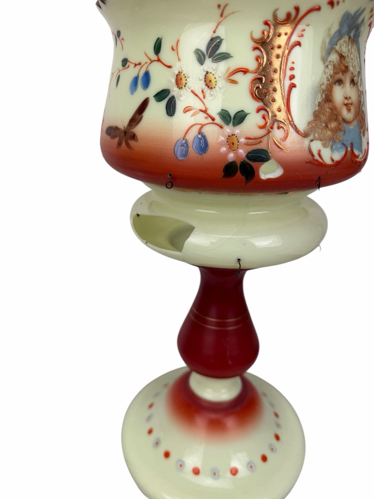 Antique Victorian Bohemian Bristol Glass CHILD PORTRAIT Mantle Lustre Luster
