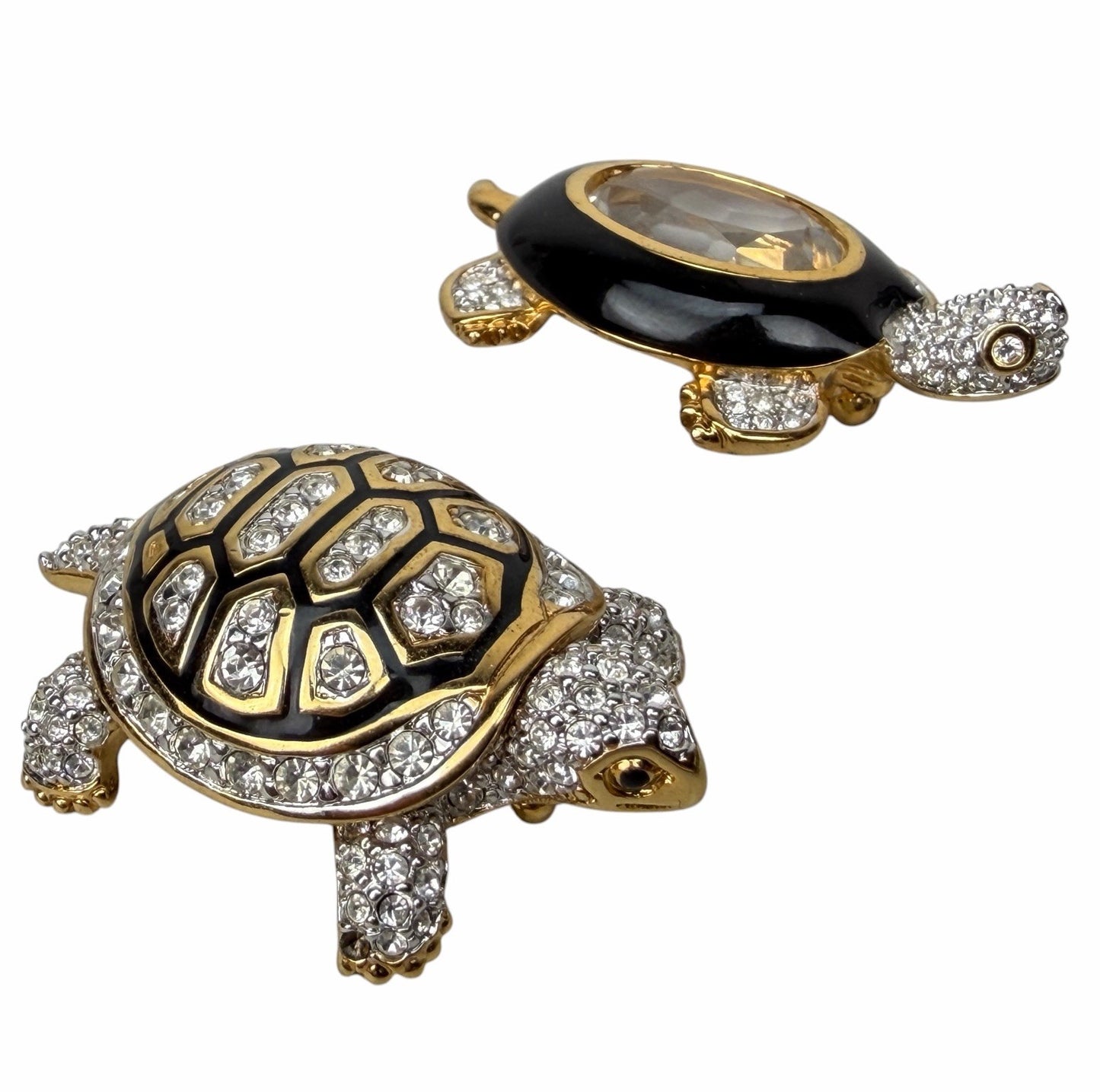 2 Swarovski Crystal Black & Gold TURTLE Tortoise Pin Brooches VINTAGE Enamel