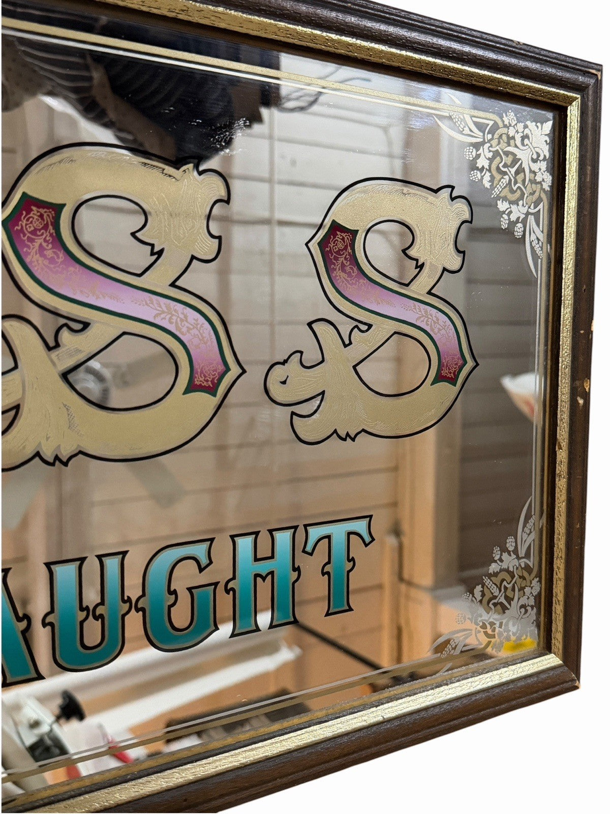 Vintage BASS On Draught Framed Mirror Beer Ale Pub Sign 32x14” Advertising