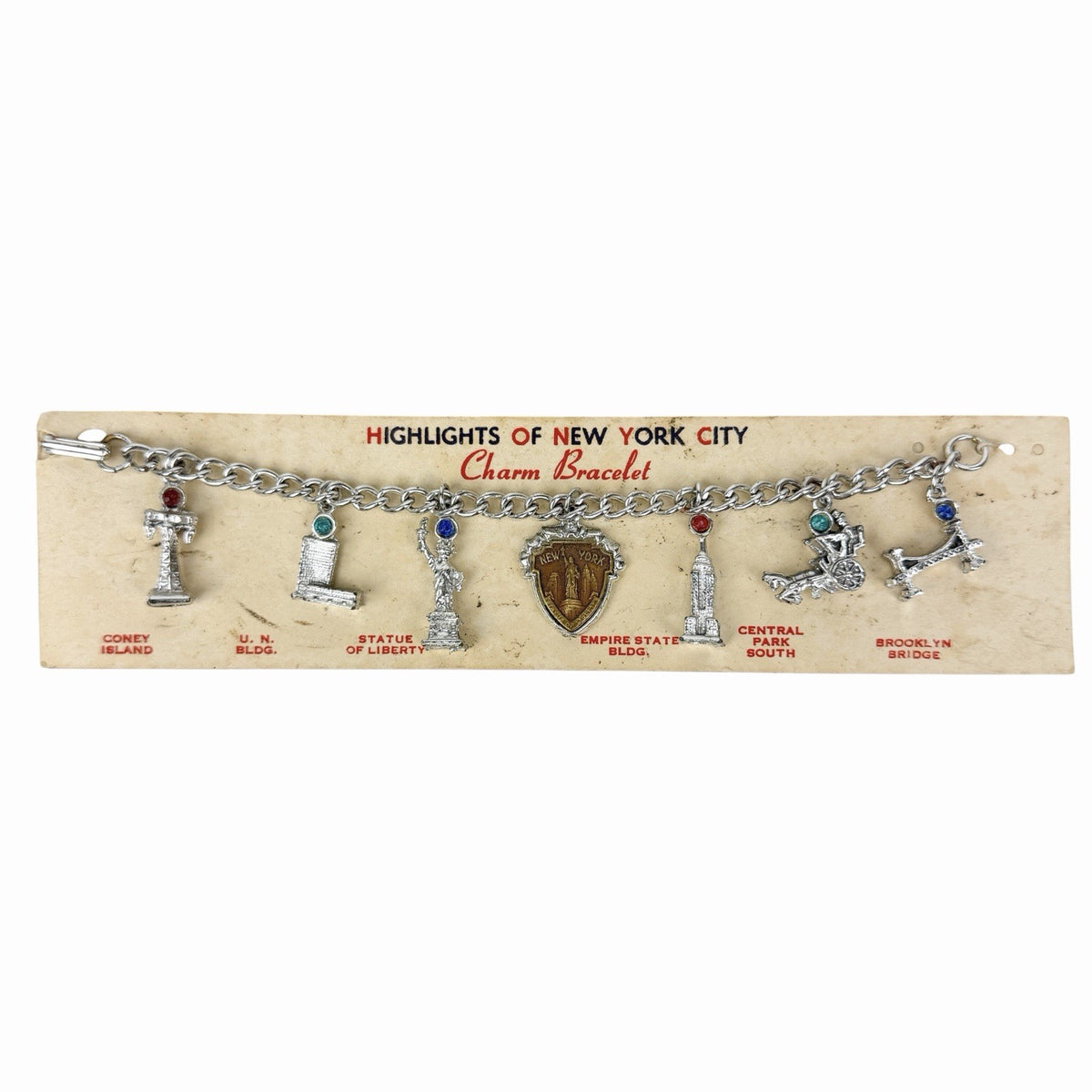 Vintage 1950’s NEW YORK CITY NYC Souvenir Charm Bracelet w/ Original Card ENCO