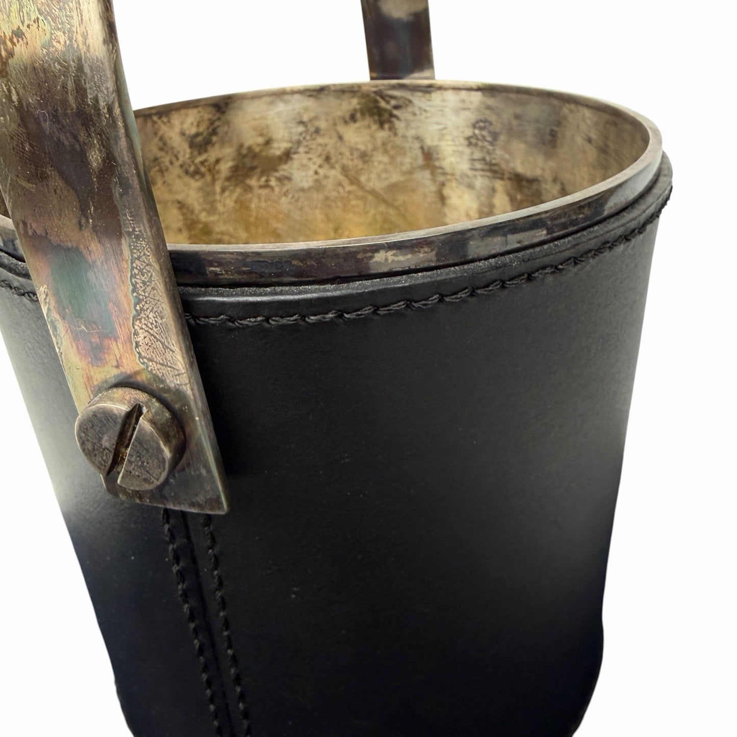 Vintage RALPH LAUREN Leather / Silver Plated ICE BUCKET w/ Swing Handle DUST BAG