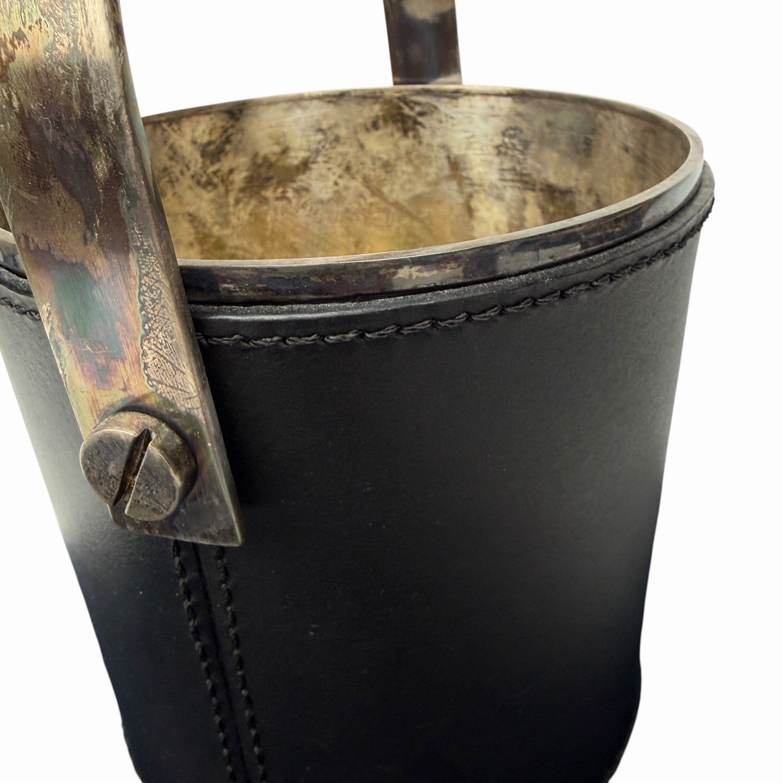 Vintage RALPH LAUREN Leather / Silver Plated ICE BUCKET w/ Swing Handle DUST BAG