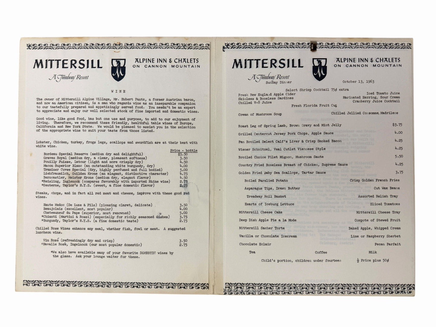 Vintage 1963 MITTERSILL Alpine Inn DINNER & WINE MENU Franconia Notch NH Austria