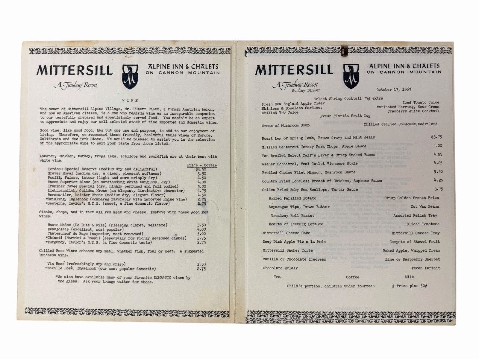 Vintage 1963 MITTERSILL Alpine Inn DINNER & WINE MENU Franconia Notch NH Austria