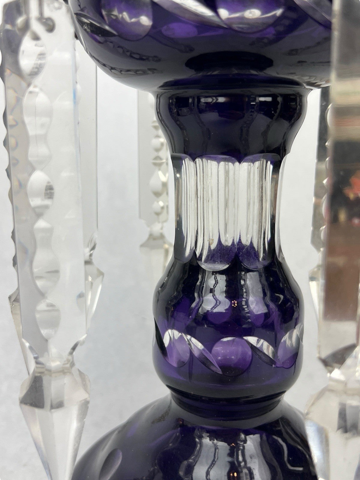 Antique Cut Crystal Amethyst To Clear PURPLE Mantle Lustre w/ Hanging Prisms