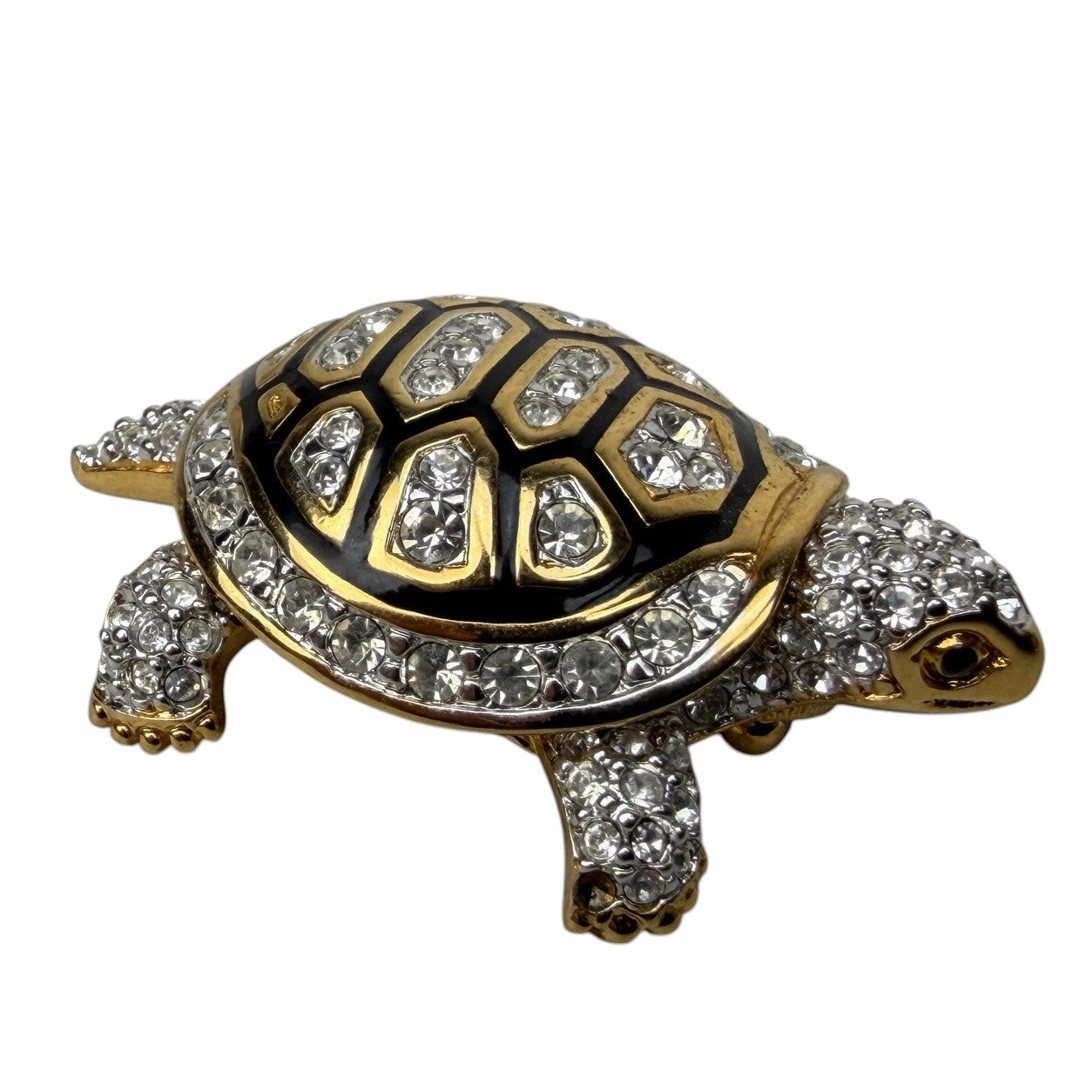 2 Swarovski Crystal Black & Gold TURTLE Tortoise Pin Brooches VINTAGE Enamel
