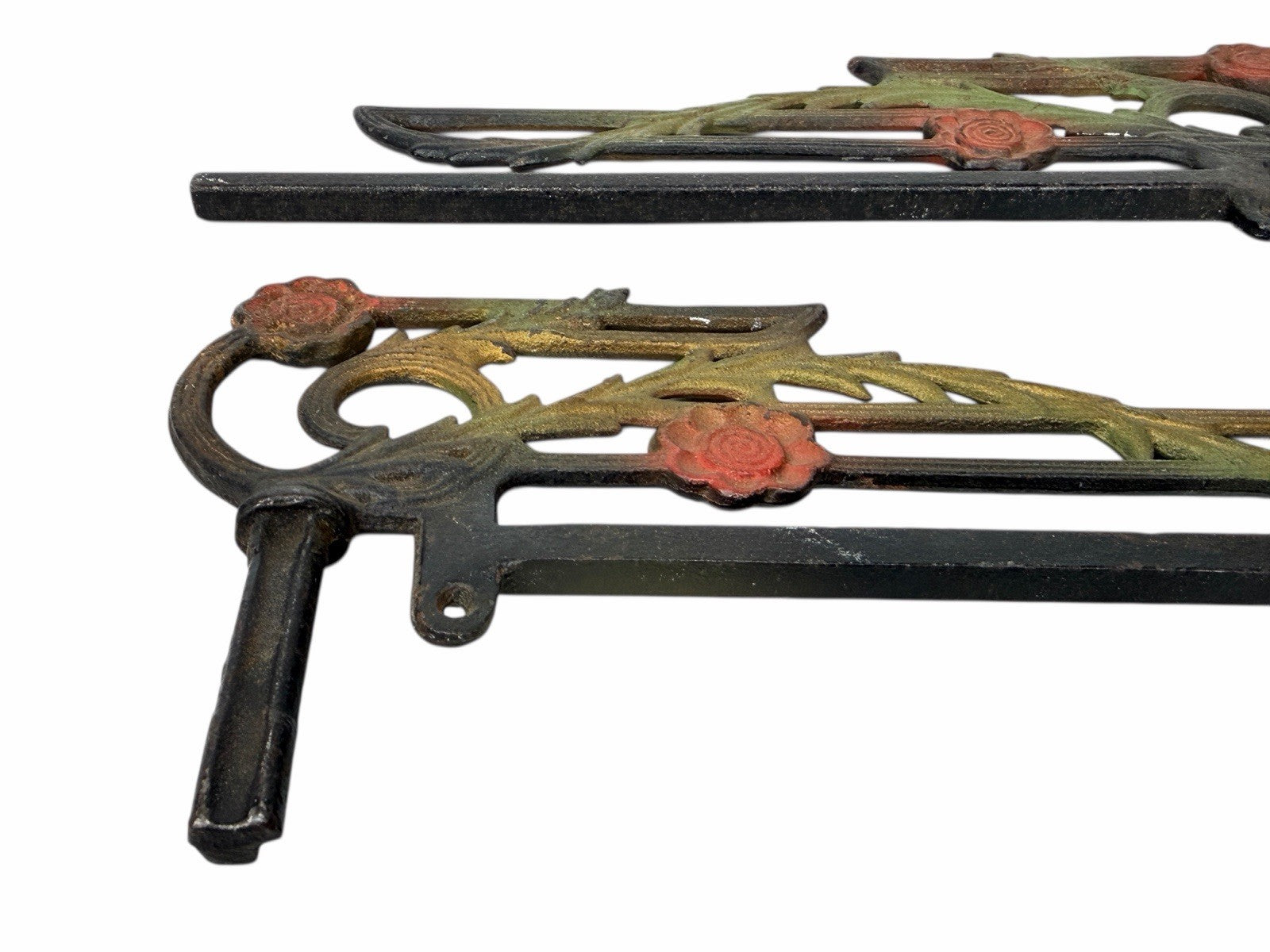 2 Antique Art Deco Cast Iron Swing Arm Curtain Rods ROSE FLORAL