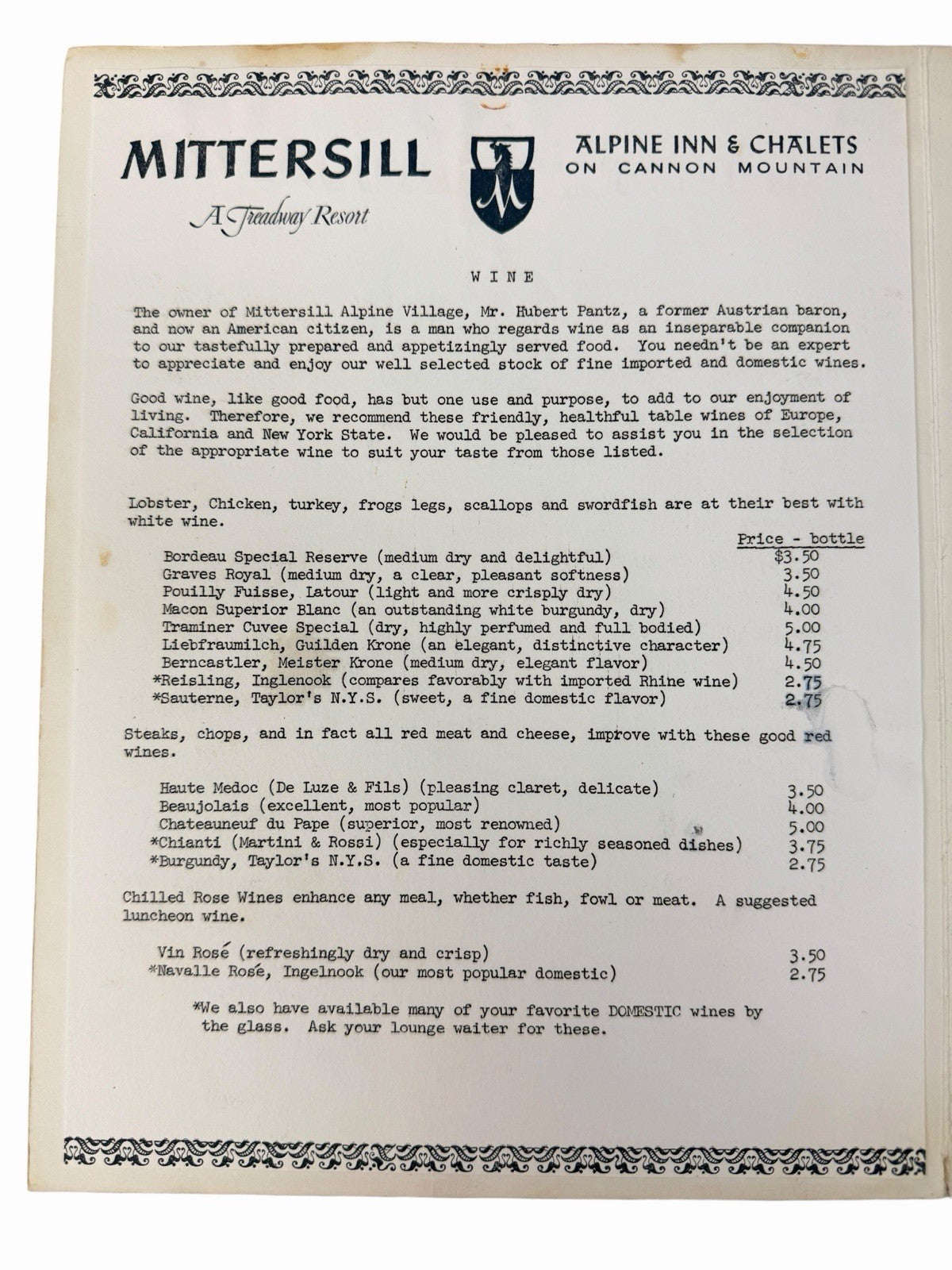 Vintage 1963 MITTERSILL Alpine Inn DINNER & WINE MENU Franconia Notch NH Austria