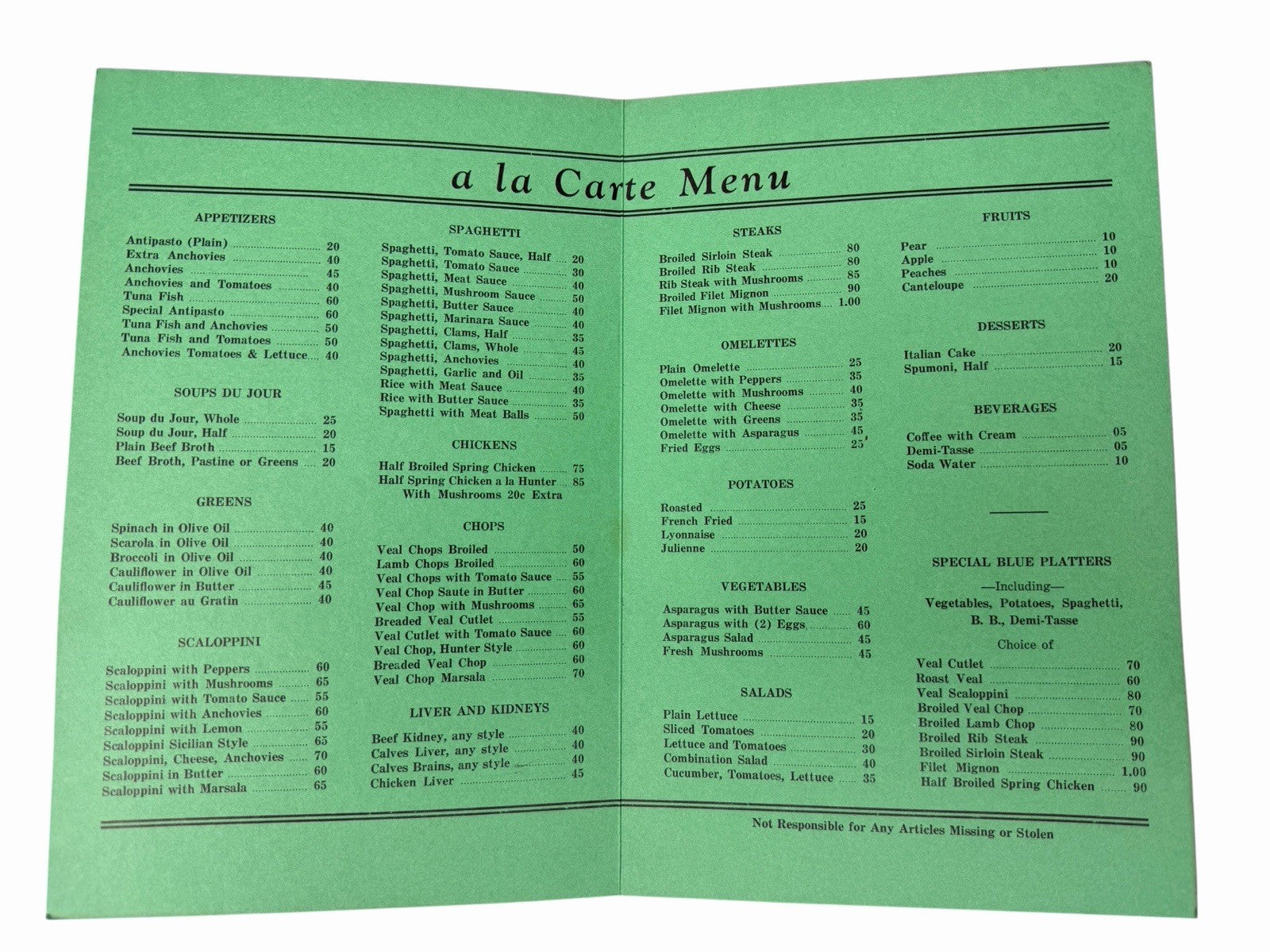 Vintage 1944 LIBERTY RESTAURANT Menu 1501 East Passyunk Philadelphia PA WWII Era