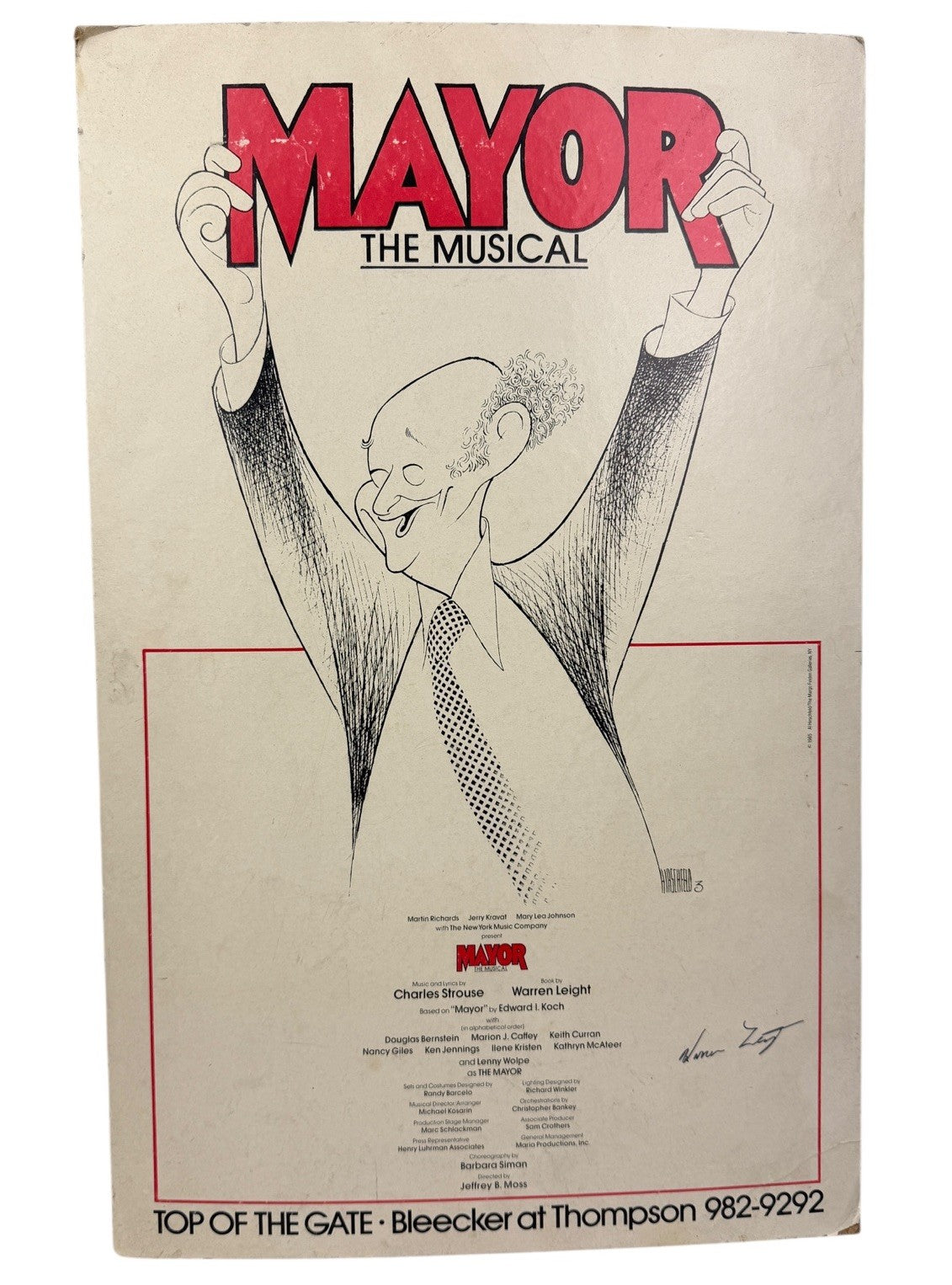 1985 MAYOR The Musical CARDBOARD POSTER Signed HIRSCHFELD Edward Koch