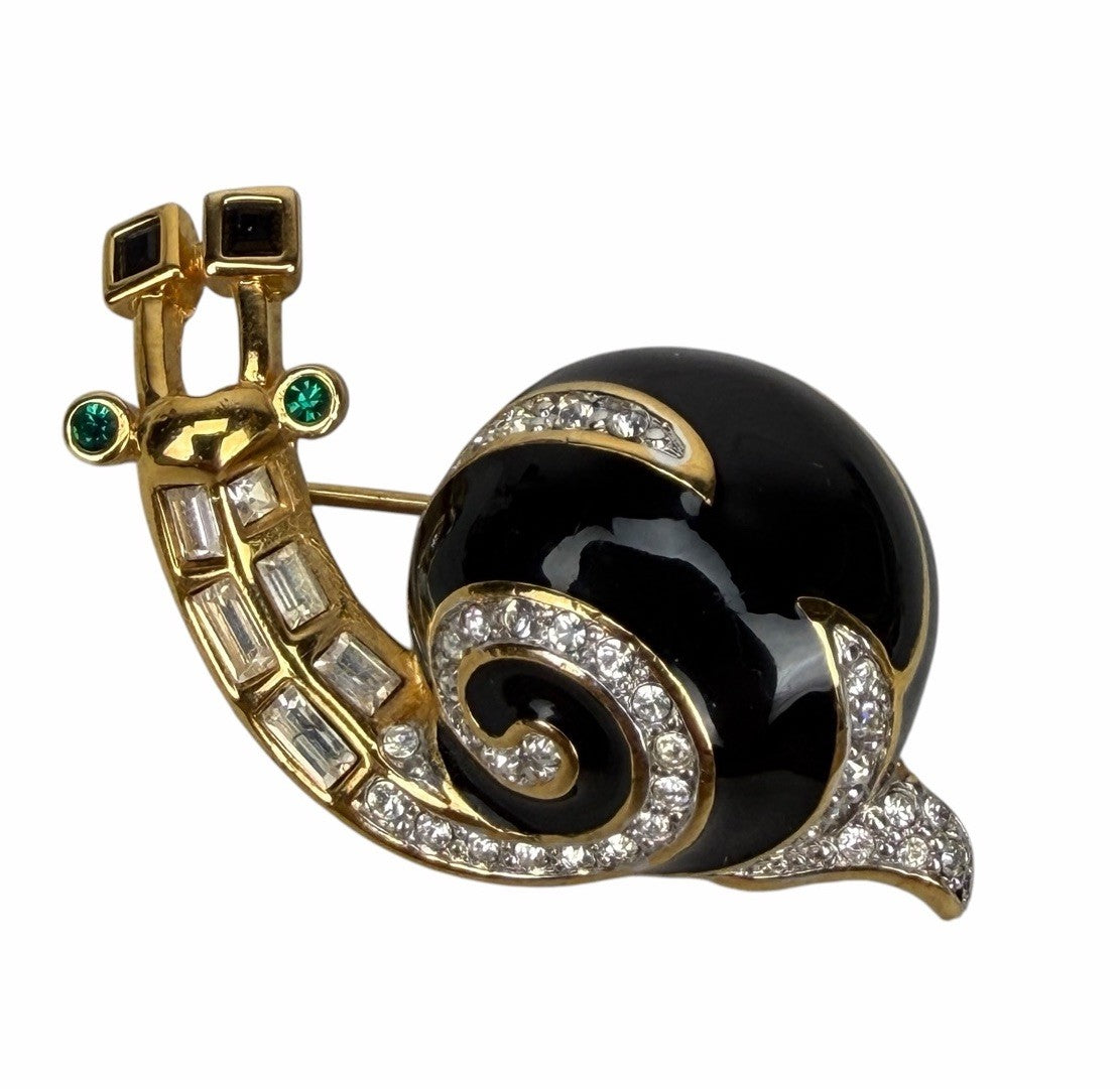 Vintage SWAROVSKI Black, Gold, Green Crystal SNAIL BROOCH PIN Signed
