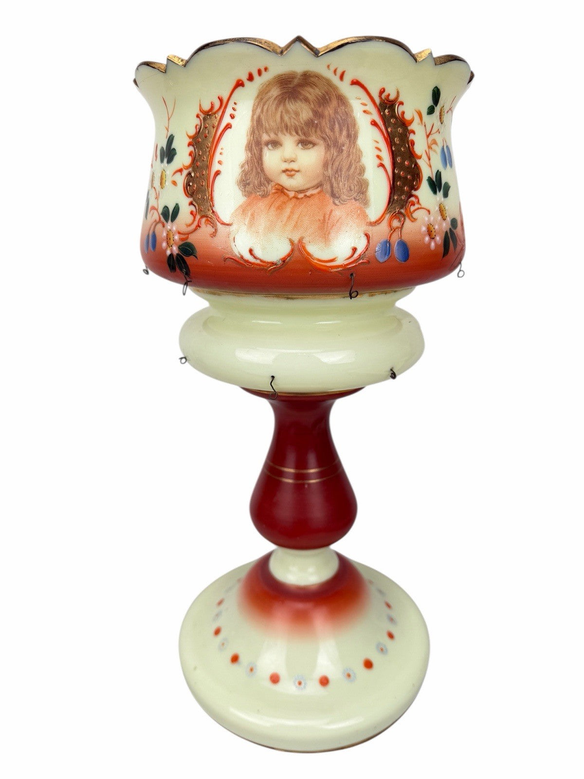 Antique Victorian Bohemian Bristol Glass CHILD PORTRAIT Mantle Lustre Luster