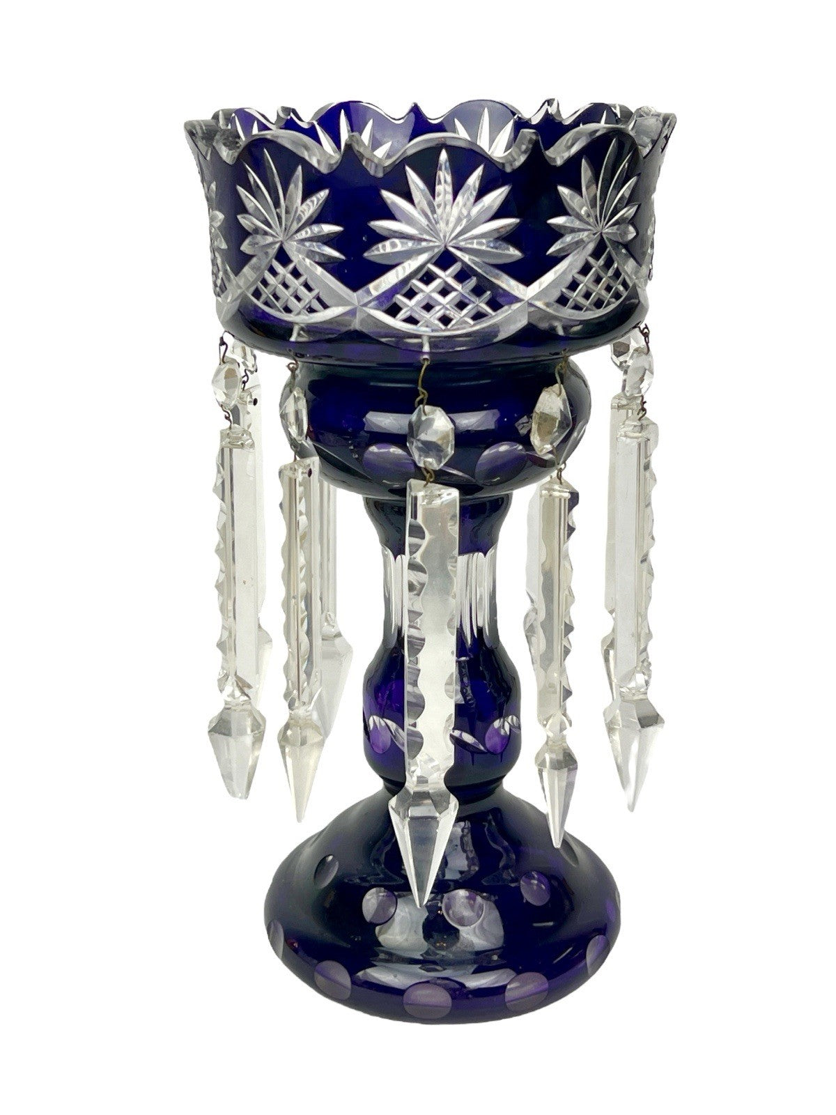 Antique Cut Crystal Amethyst To Clear PURPLE Mantle Lustre w/ Hanging Prisms