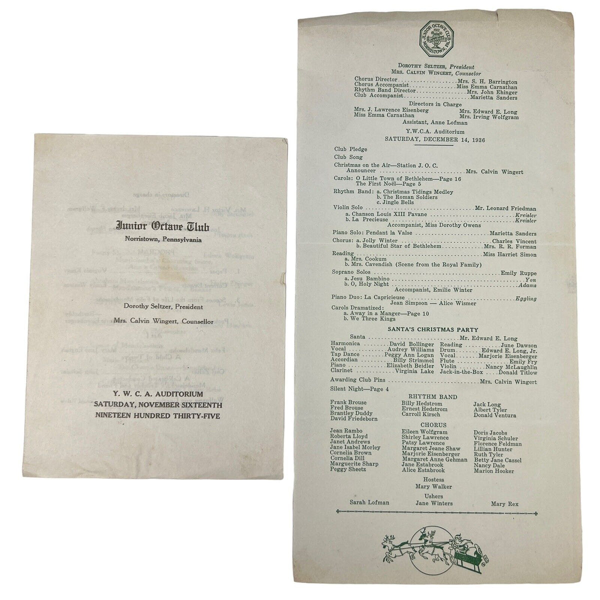 Old Concert Program Vintage 1935 & 1936 JUNIOR OCTAVE CLUB Concert Program CHRISTMAS Norri ...