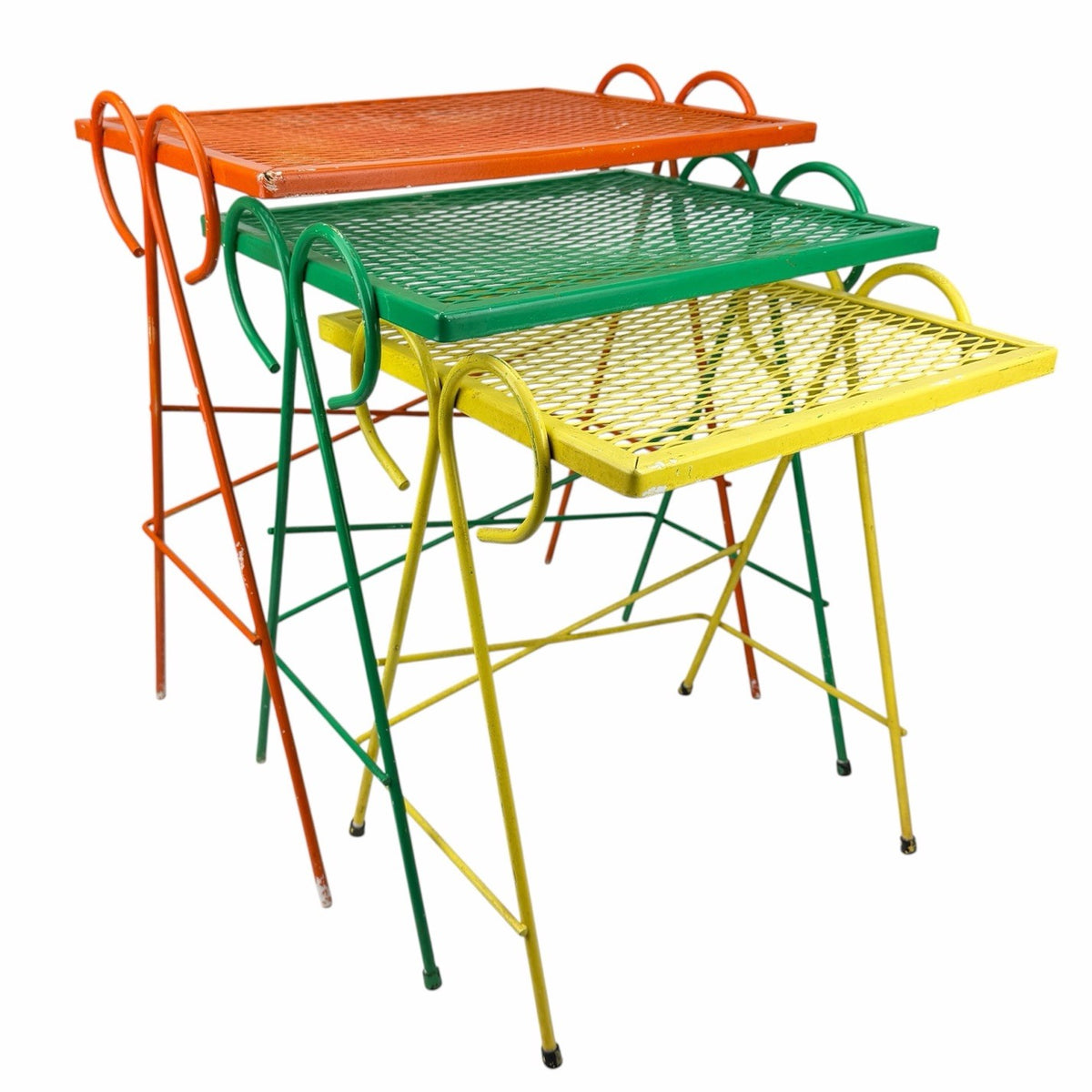 Vintage 1950s MCM Wrought Iron Mesh Salterini Style Nesting Side Tables Set Of 3
