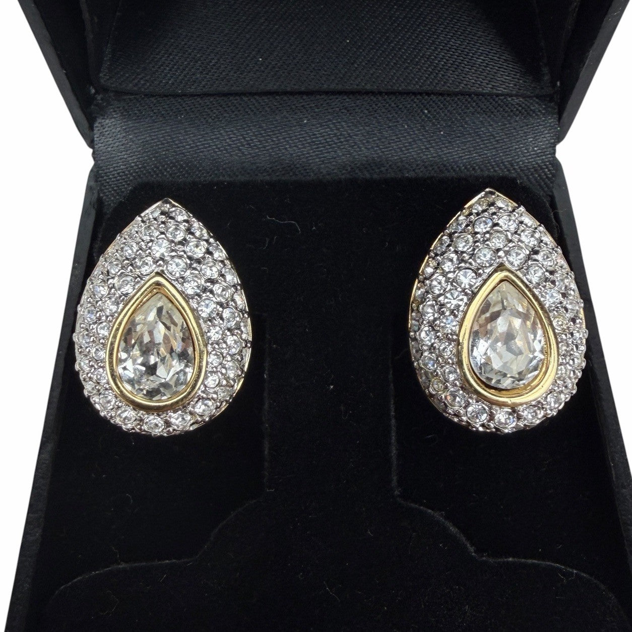 Vintage SWAROVSKI Teardrop Pear Gold Tone Crystal Pave Clip-On EARRINGS Costume
