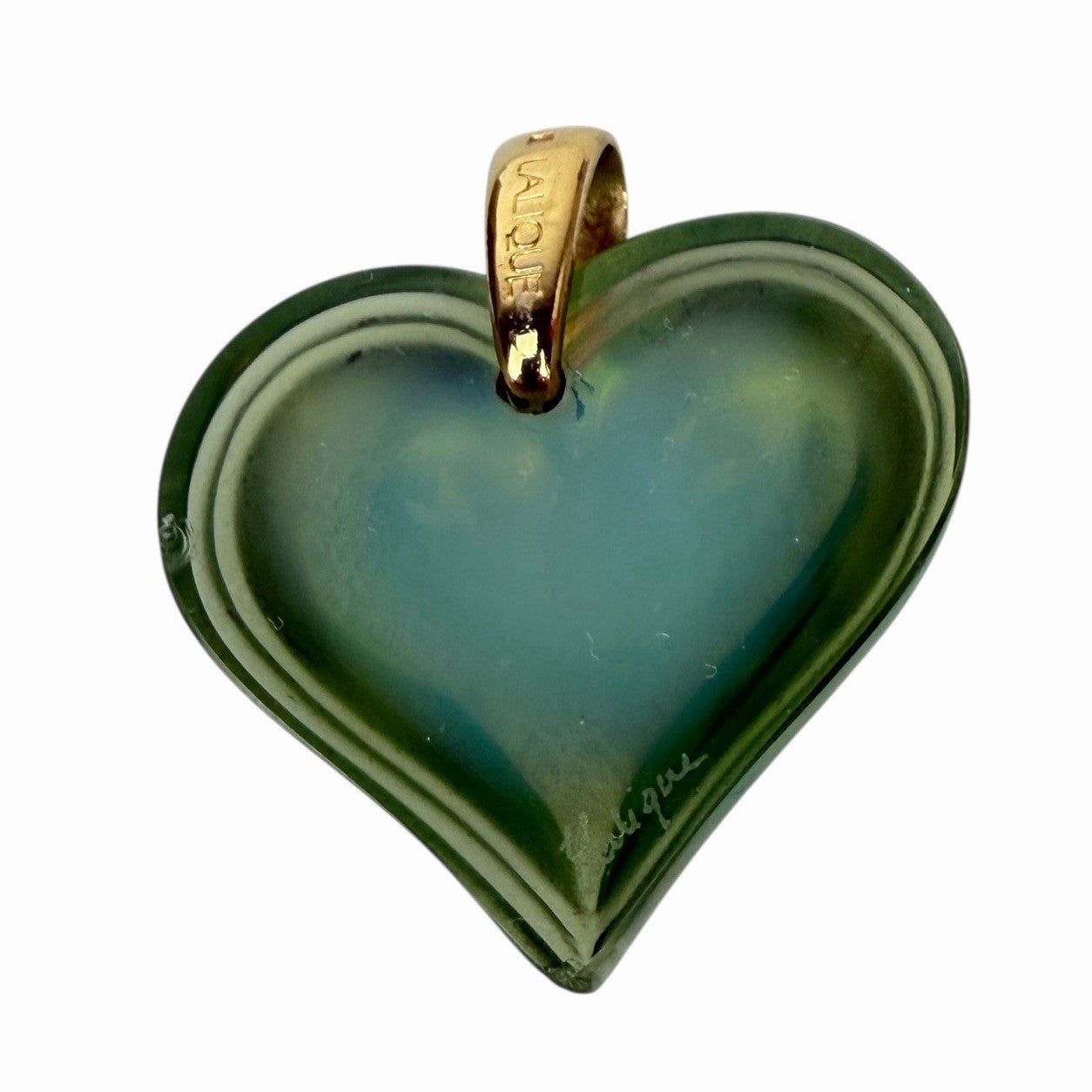 LALIQUE Large Opalescent Green HEART PENDANT Crystal GOLD PLATED BAIL Necklace