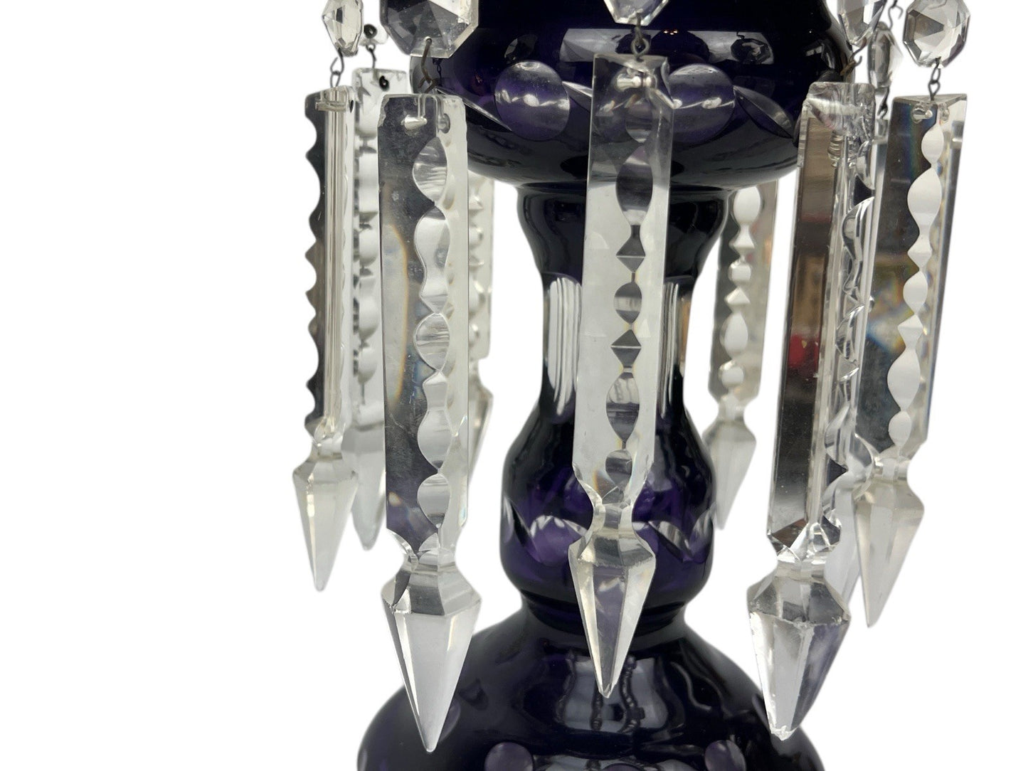 Antique Cut Crystal Amethyst To Clear PURPLE Mantle Lustre w/ Hanging Prisms