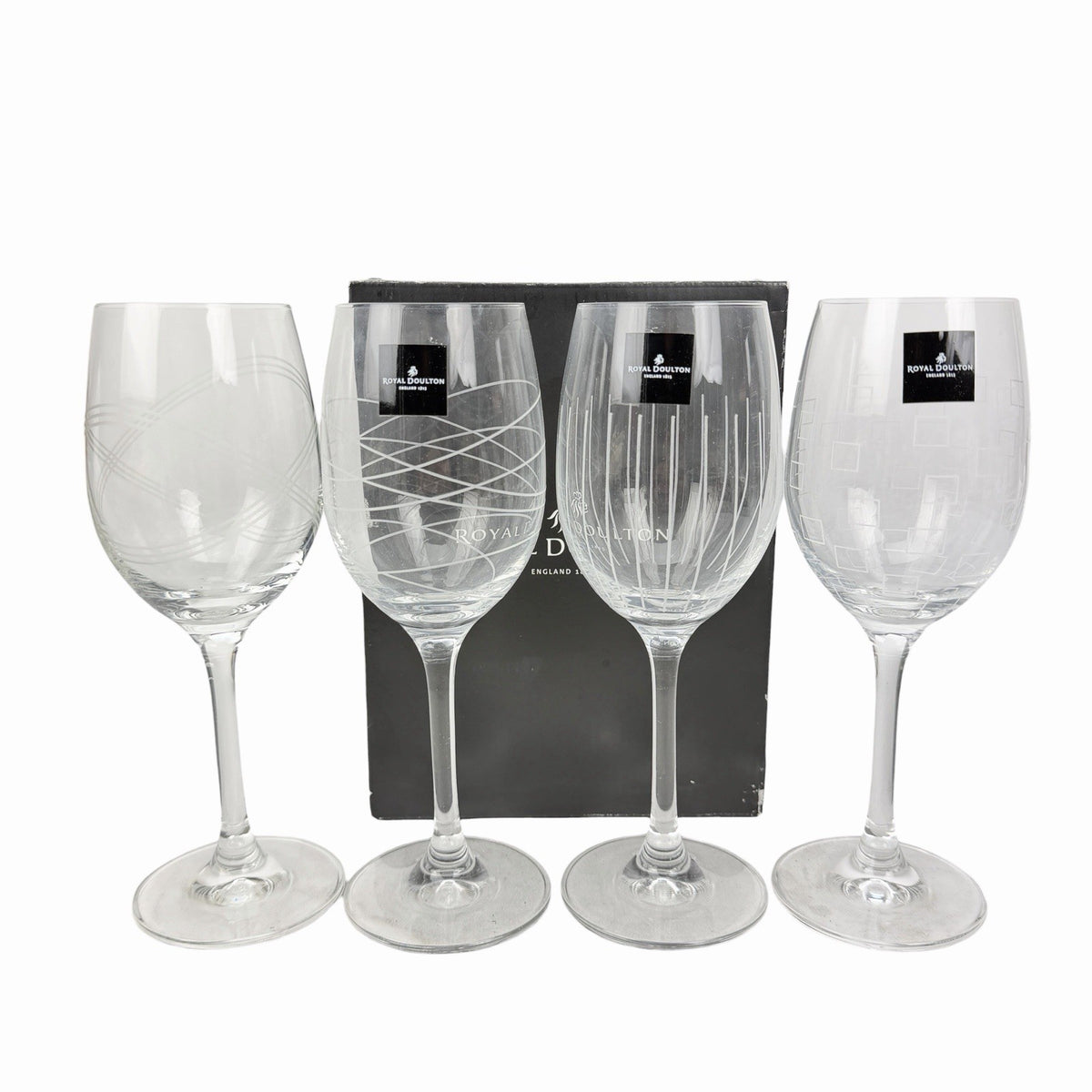 Royal Doulton Crystal Party Etched Wine Glasses 8” Set Of 4 Signed NEW IN BOX
