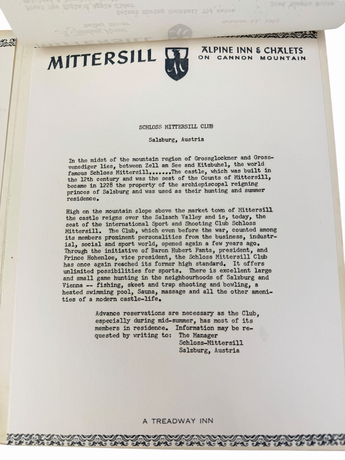Vintage 1963 MITTERSILL Alpine Inn DINNER & WINE MENU Franconia Notch NH Austria