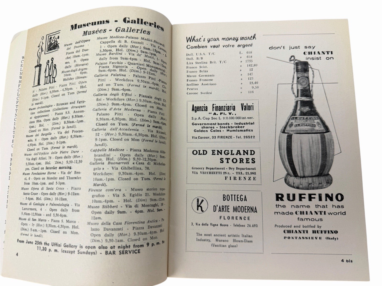 Vintage 1959 Italy FLORENCE WEEKLY Tourist Handbook Travel Map Ads Guide Book