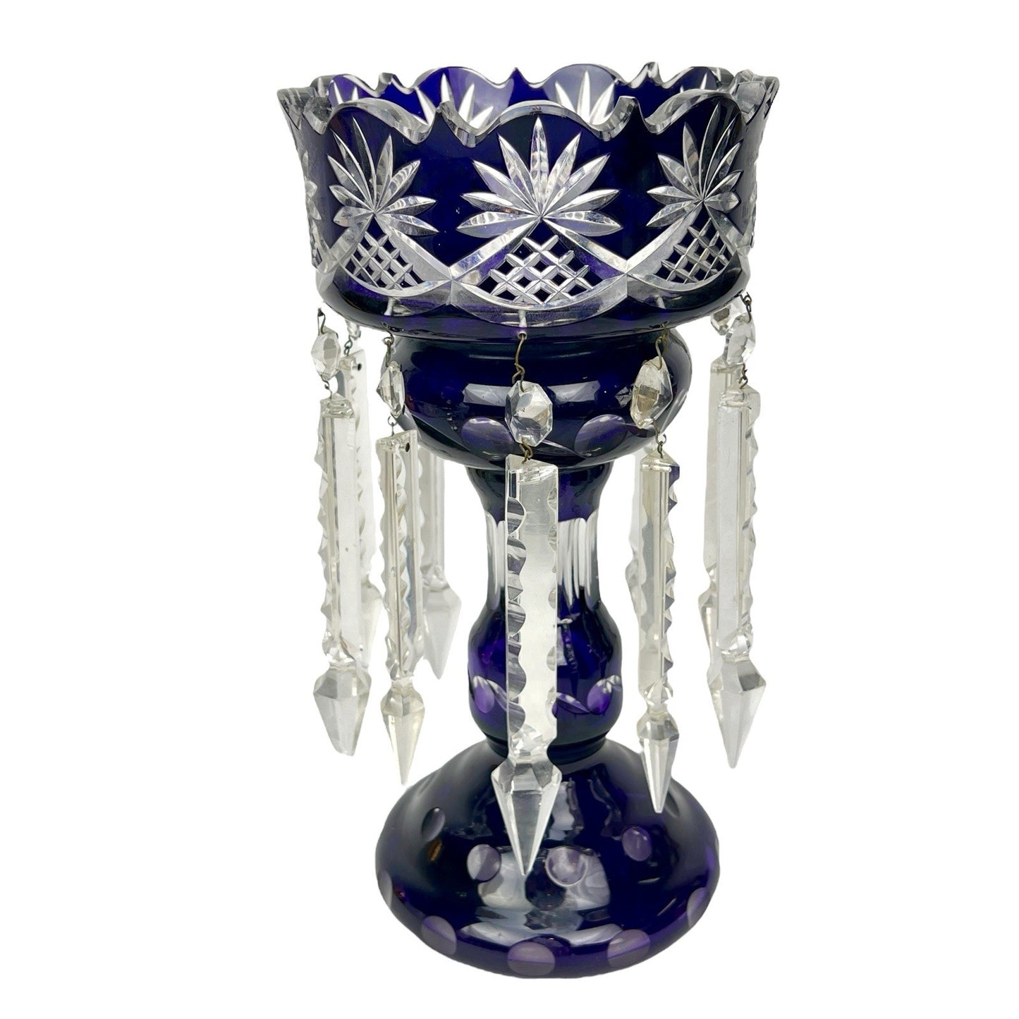 Antique Cut Crystal Amethyst To Clear PURPLE Mantle Lustre w/ Hanging Prisms