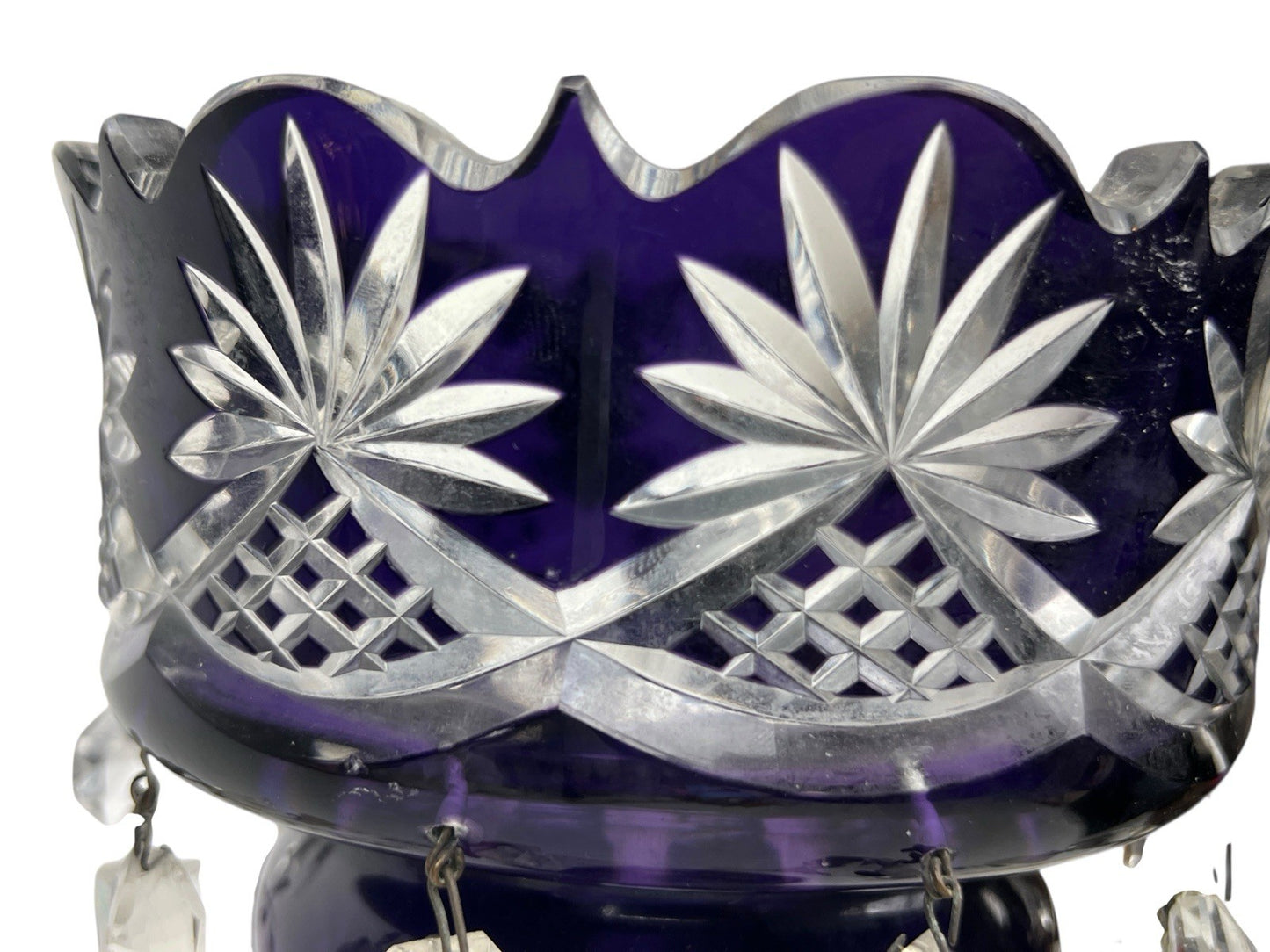 Antique Cut Crystal Amethyst To Clear PURPLE Mantle Lustre w/ Hanging Prisms