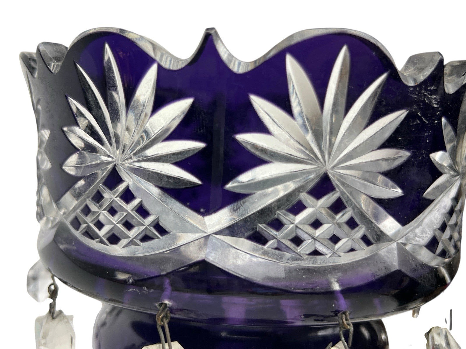 Antique Cut Crystal Amethyst To Clear PURPLE Mantle Lustre w/ Hanging Prisms