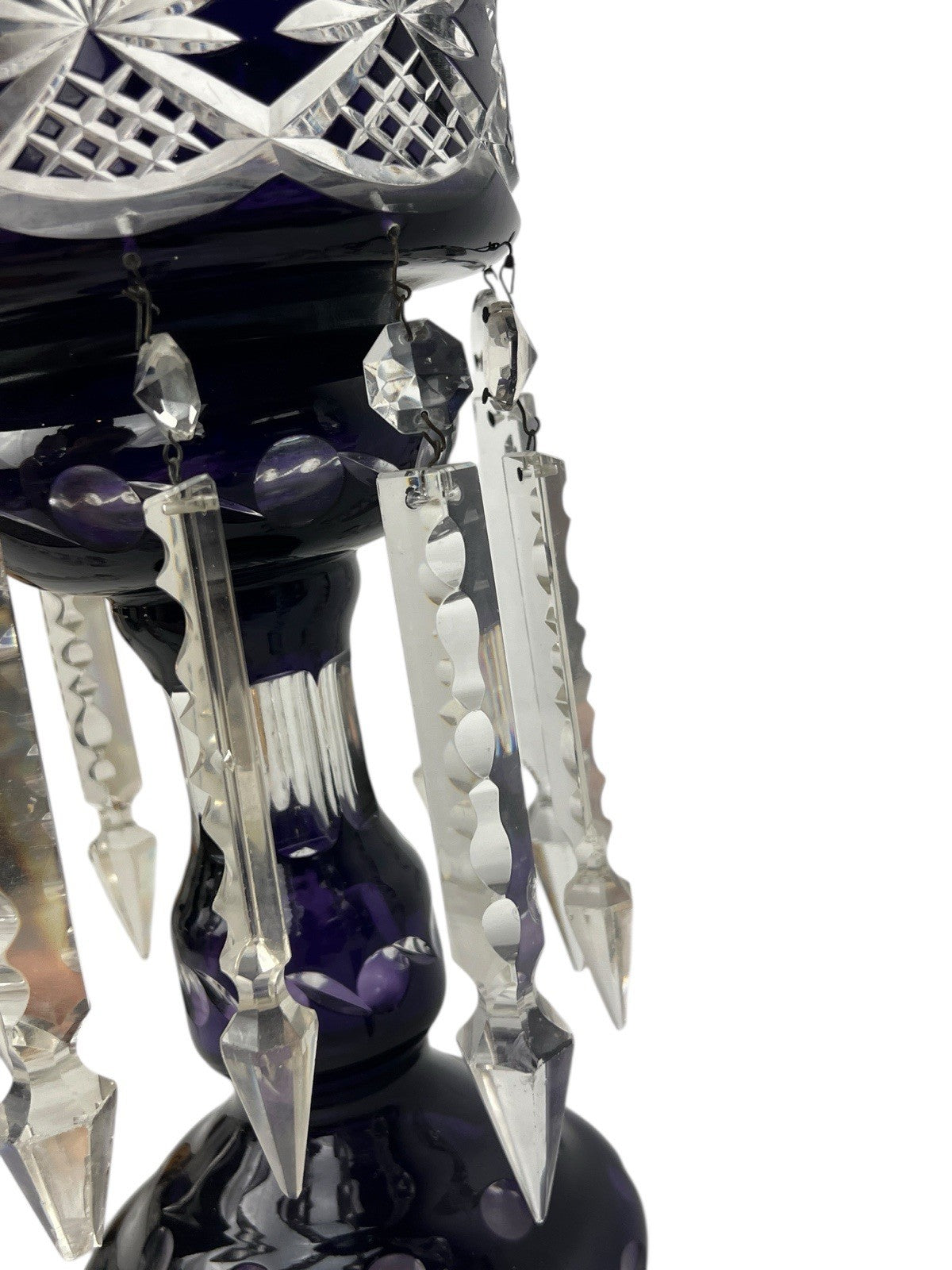 Antique Cut Crystal Amethyst To Clear PURPLE Mantle Lustre w/ Hanging Prisms