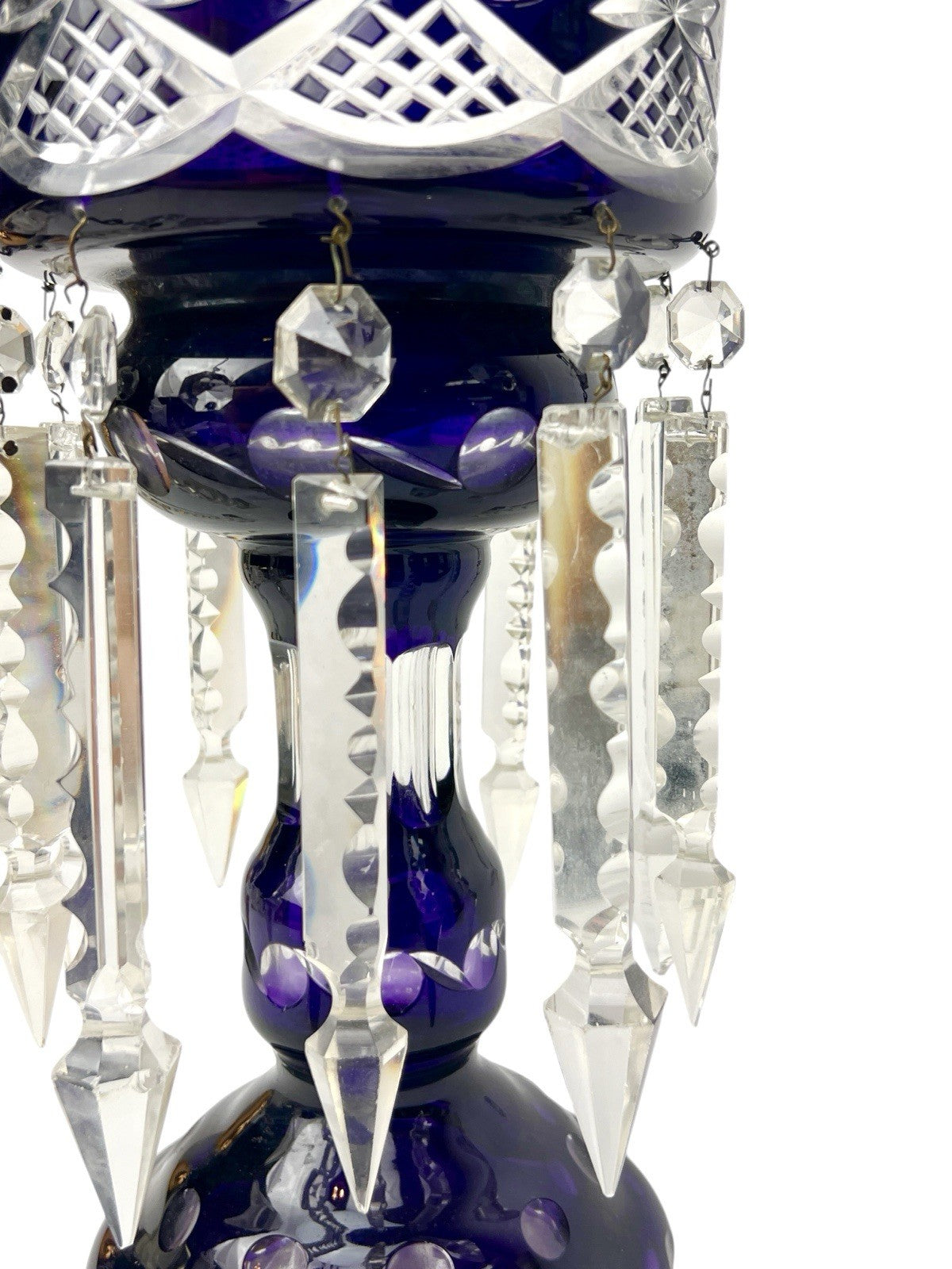 Antique Cut Crystal Amethyst To Clear PURPLE Mantle Lustre w/ Hanging Prisms