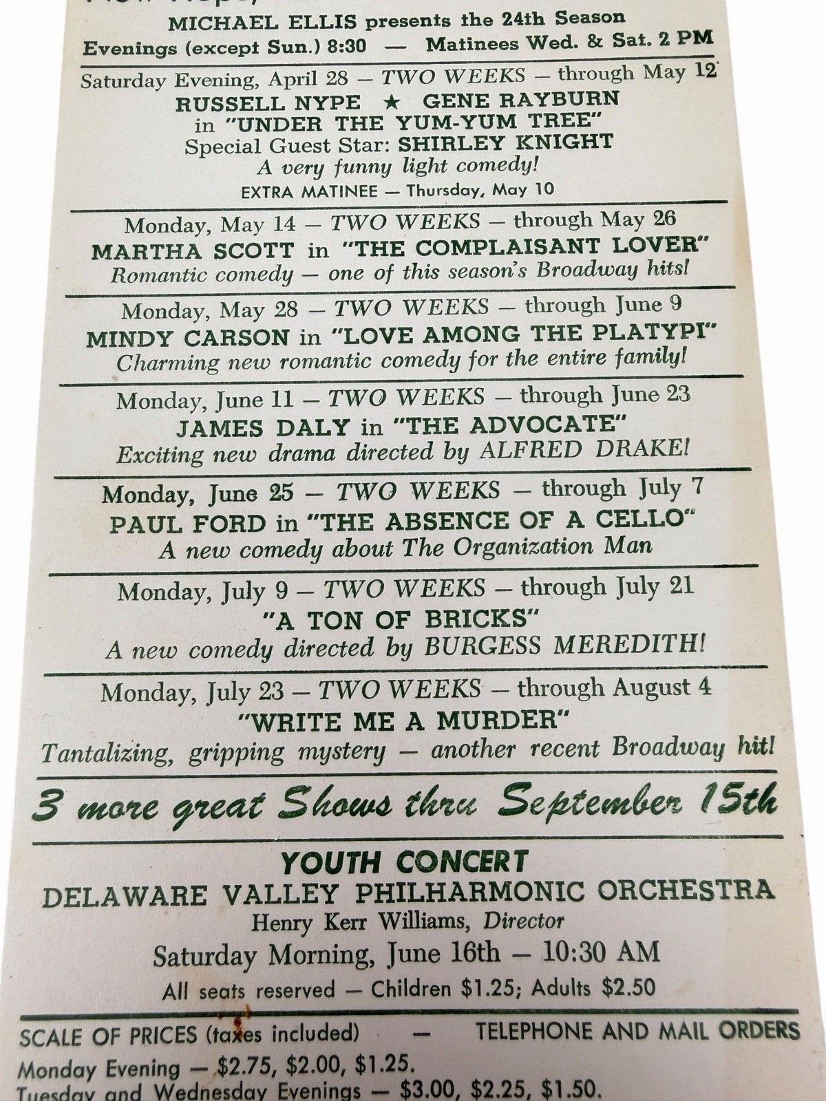 Vintage 1962 Bucks County Playhouse NEW HOPE PA Playbill & Season Handbill Flyer