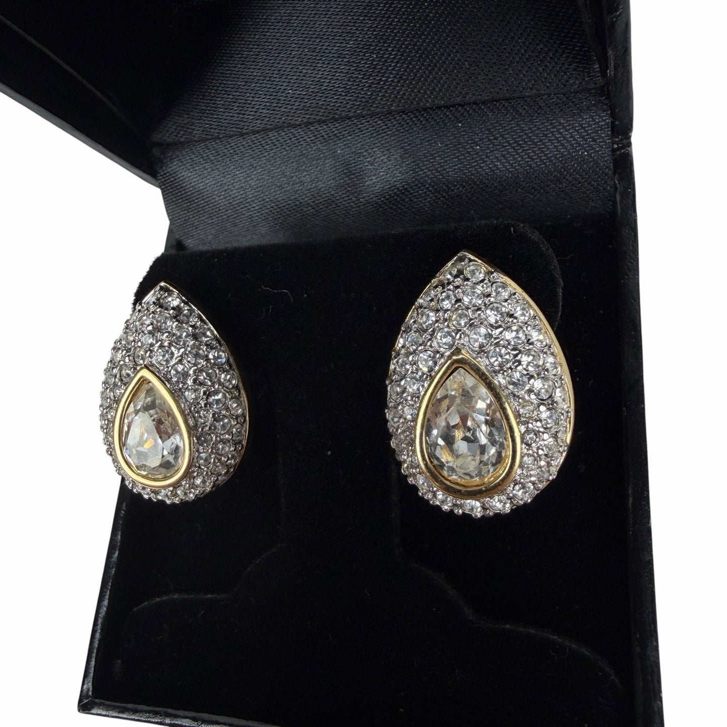 Vintage SWAROVSKI Teardrop Pear Gold Tone Crystal Pave Clip-On EARRINGS Costume
