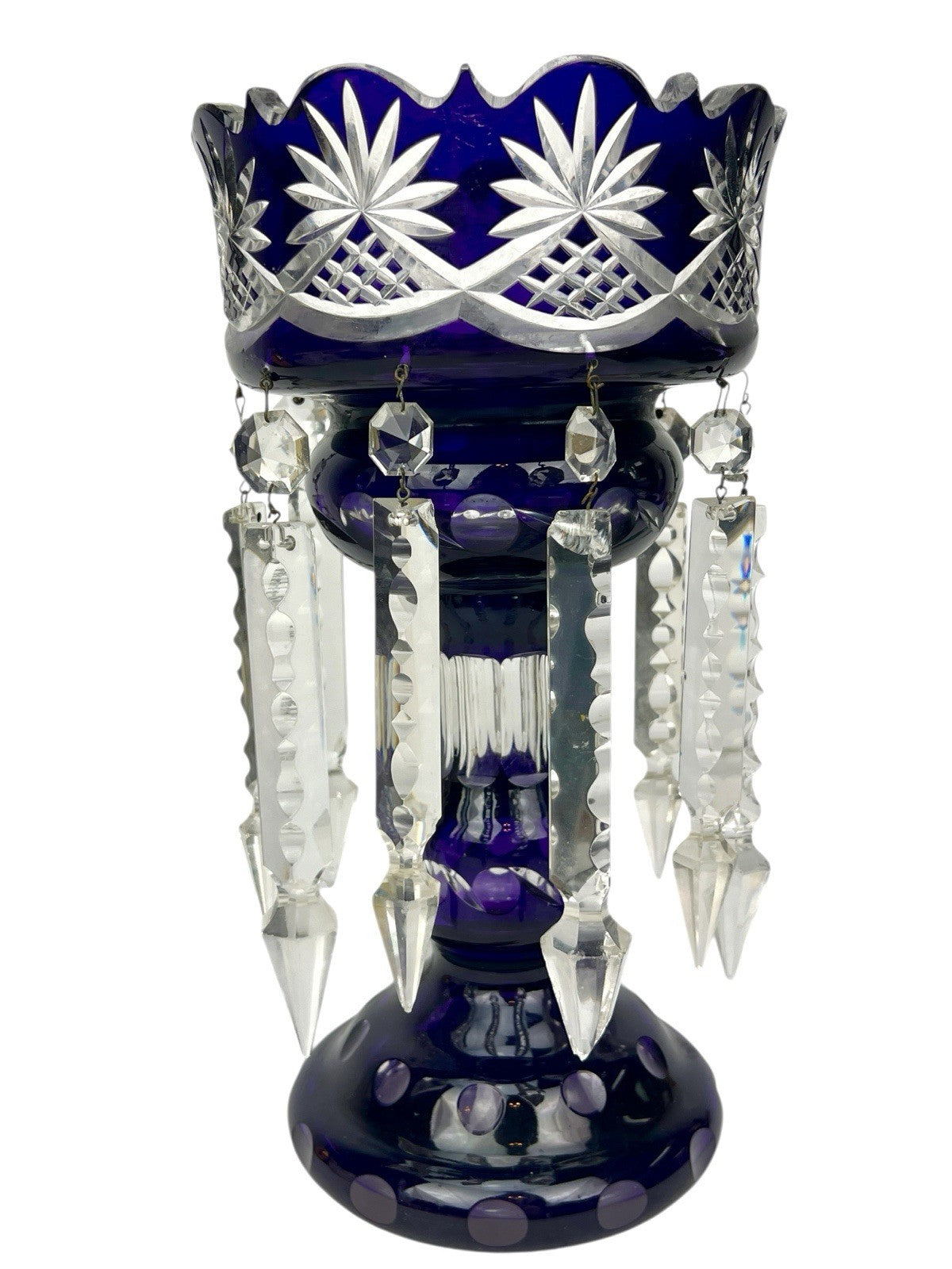 Antique Cut Crystal Amethyst To Clear PURPLE Mantle Lustre w/ Hanging Prisms