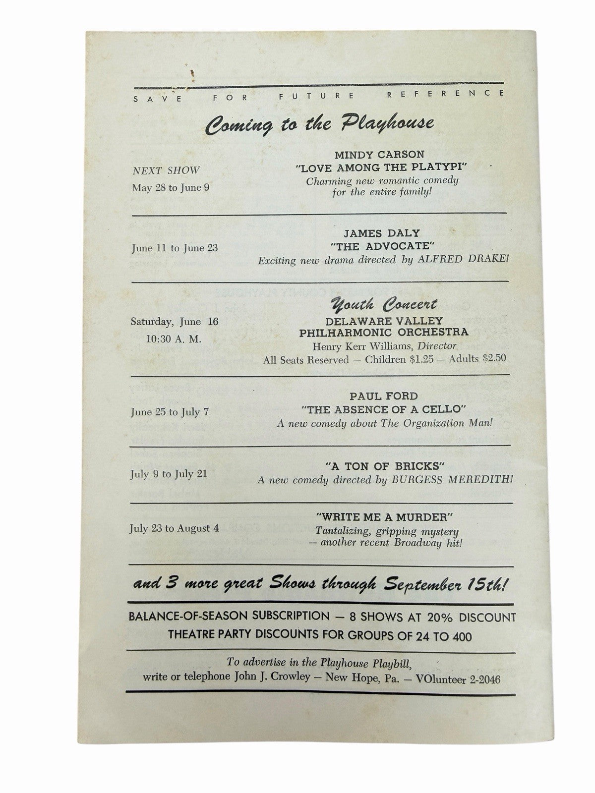 Vintage 1962 Bucks County Playhouse NEW HOPE PA Playbill & Season Handbill Flyer