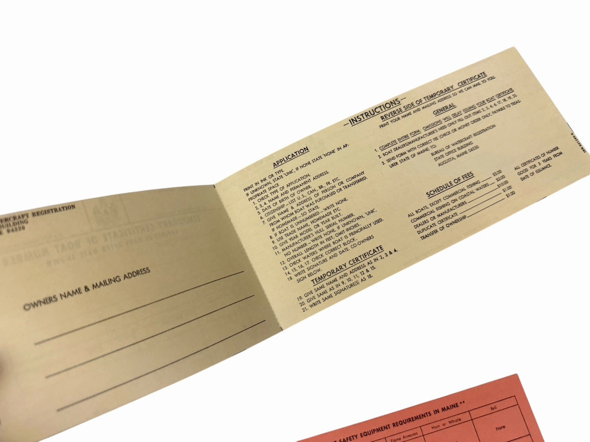 Vintage 1964 Maine Boat Law BOOKLET w/ Certificate Application & Guide Card