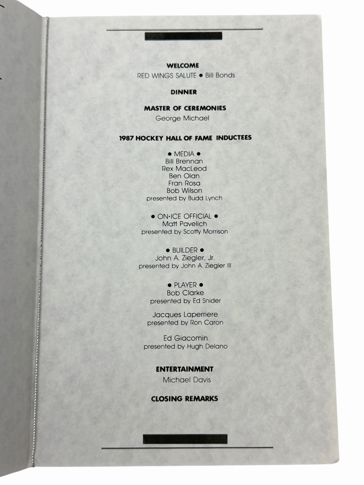 1987 HOCKEY HALL OF FAME Induction Dinner PROGRAM Detroit Red Wings BOB CLARKE
