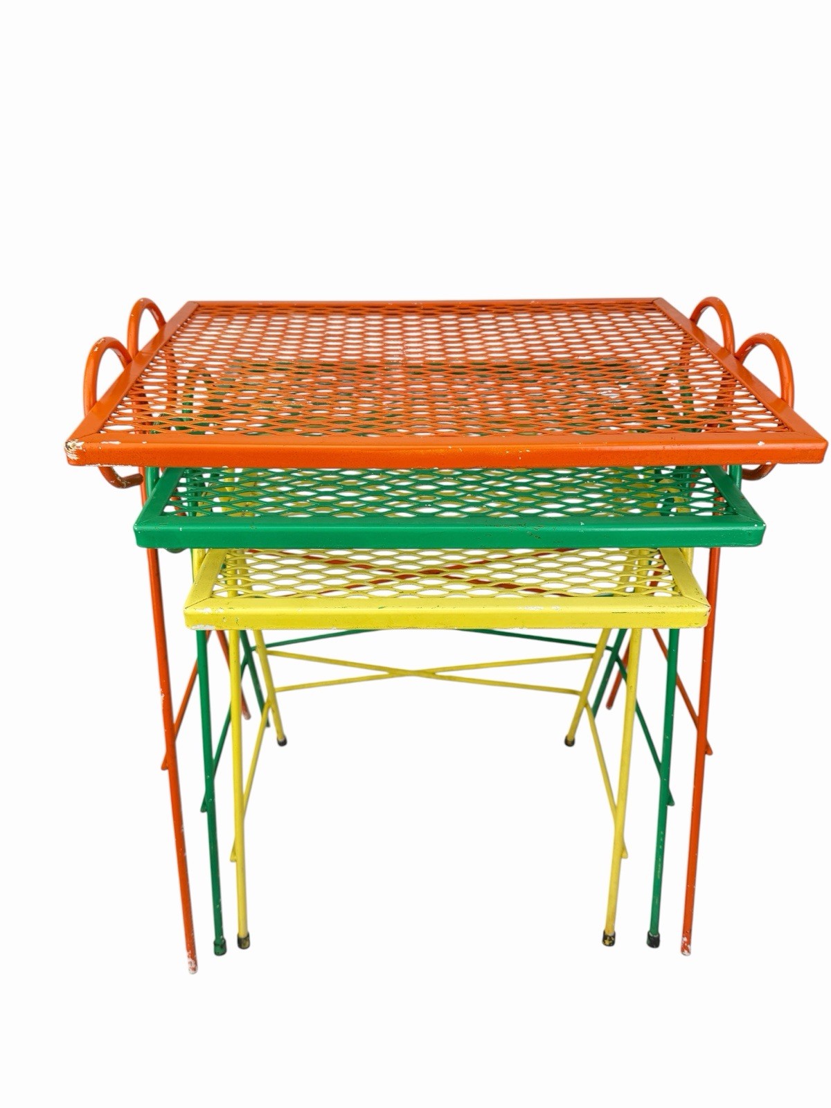 Vintage 1950s MCM Wrought Iron Mesh Salterini Style Nesting Side Tables Set Of 3