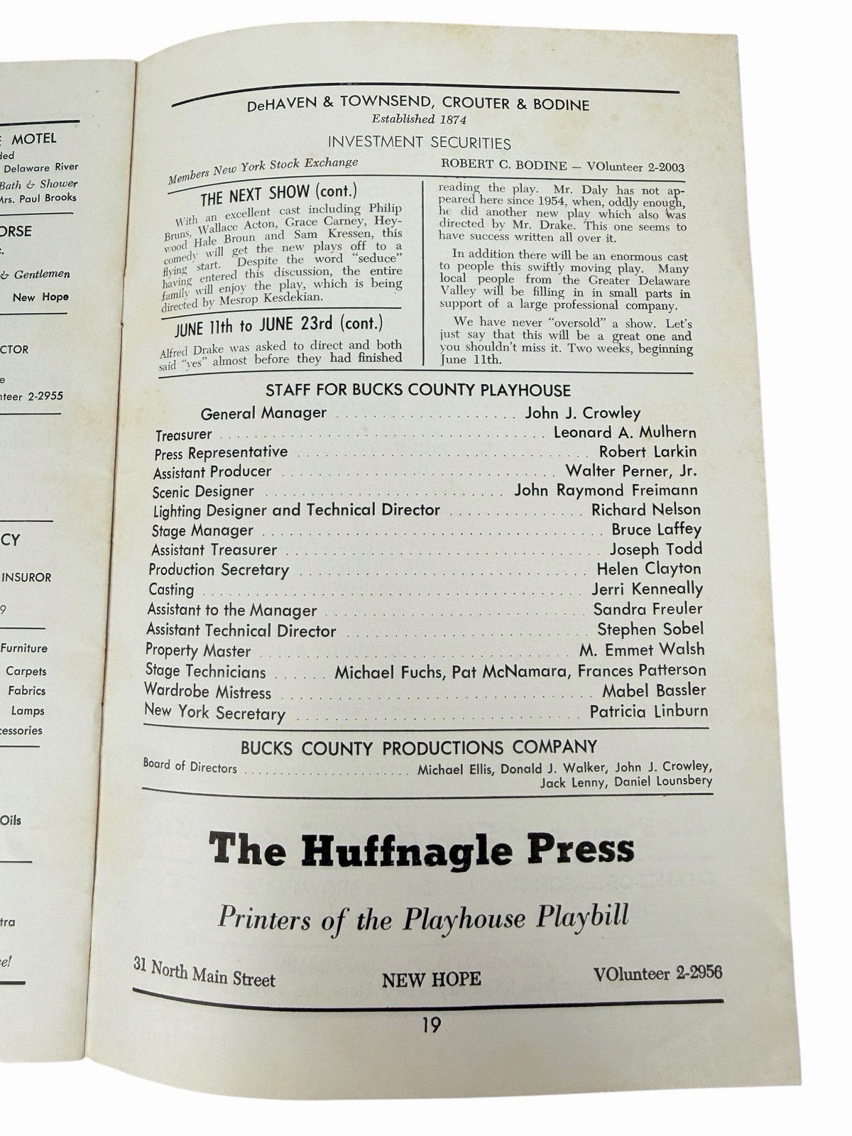 Vintage 1962 Bucks County Playhouse NEW HOPE PA Playbill & Season Handbill Flyer