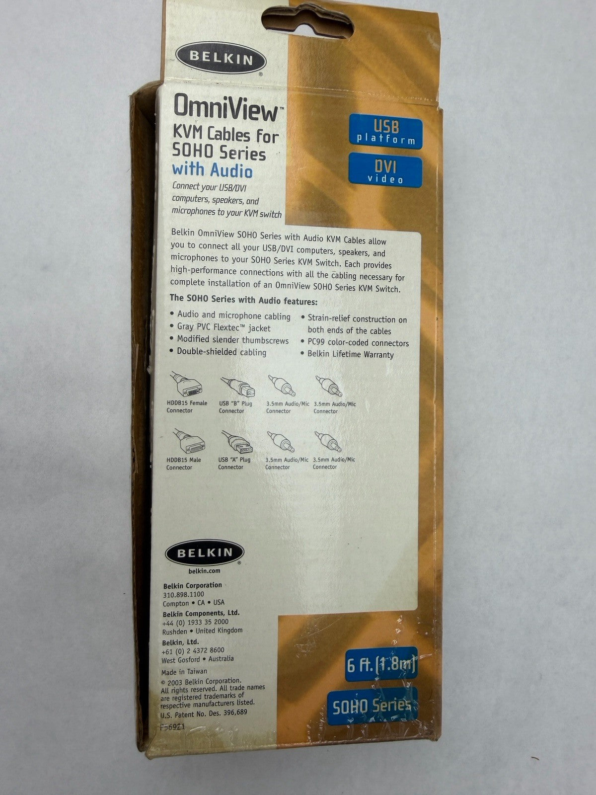 6' Belkin OmniView KVM Cables w/ Audio SOHO Series Switch USB DVI NEW