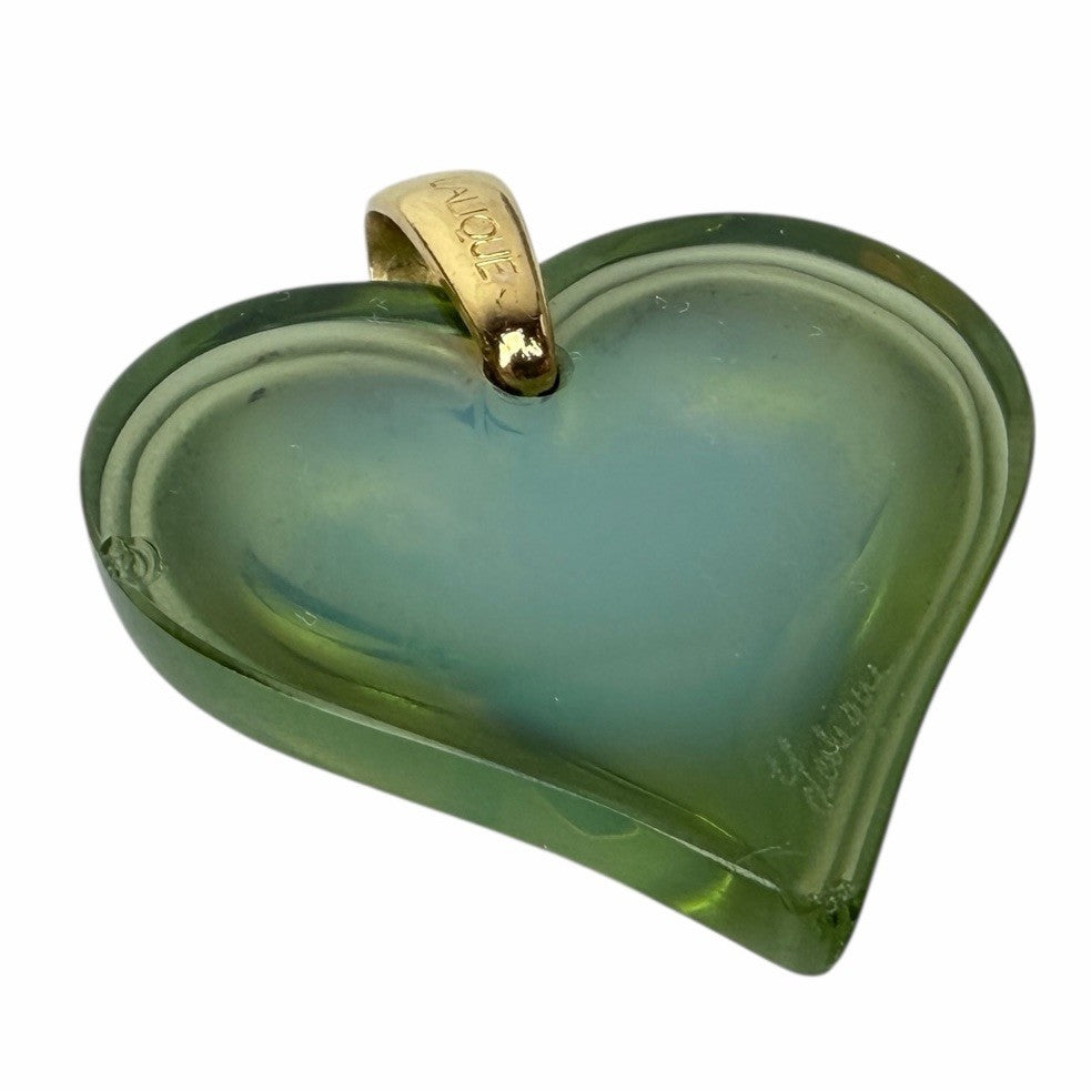 LALIQUE Large Opalescent Green HEART PENDANT Crystal GOLD PLATED BAIL Necklace
