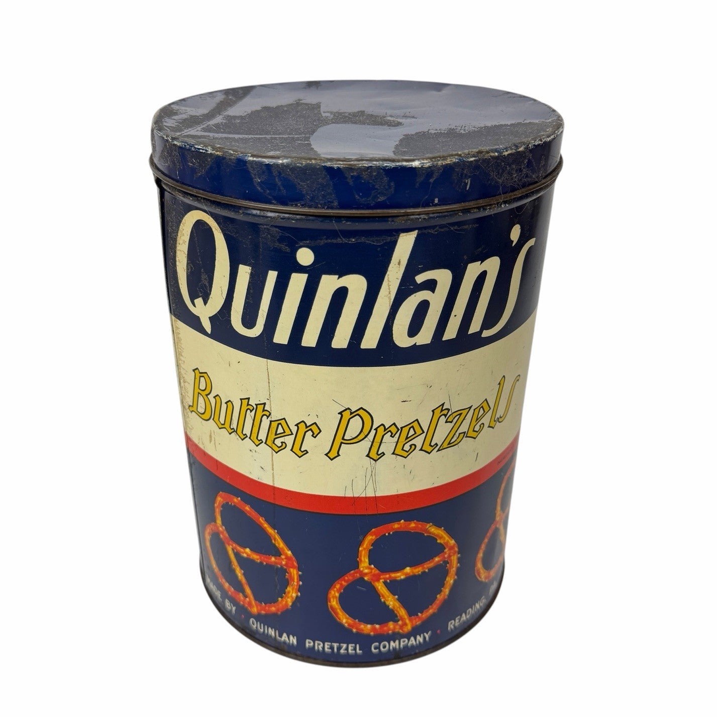 Vintage 1960's QUINLAN’S Butter Pretzel Twists Can Tin Reading, PA 12 oz.